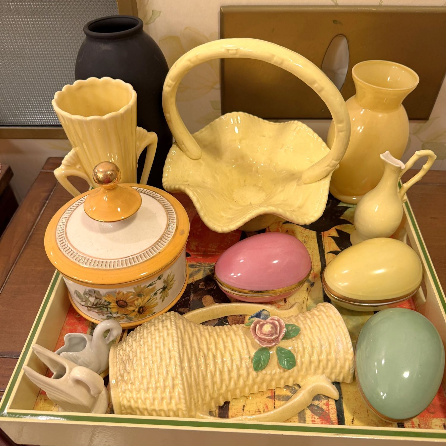 Decorative Lot #35, square tray with a variety of trinket dishes, vintage ceramic/pottery vases, wall pocket, basket