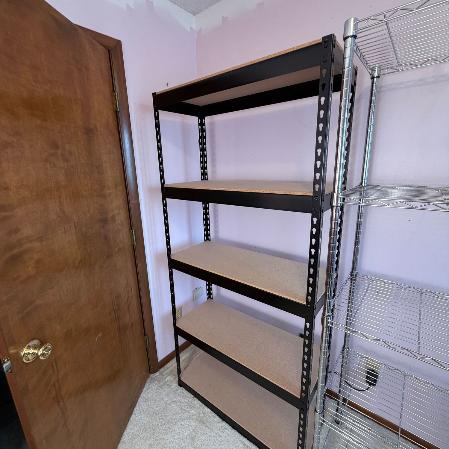 Tall 5-tier shelf with MDF surface area, slender, 6'5 Tall 5-tier shelf with MDF surface area, slender, 6'5"H x 34"W x 19"D (This item is heavy, upstairs, and will need disassembly)