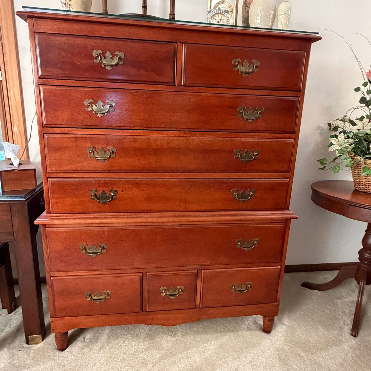 Tall 9-drawer chest with batwing brasses, glass top protector, overall in wonderful condition, drawers open easily, minor shrinkage hairlines on each side, 55 Tall 9-drawer chest with batwing brasses, glass top protector, overall in wonderful condition, drawers open easily, minor shrinkage hairlines on each side, 55"H x 42"W x 20"D (Heavy and upstairs)