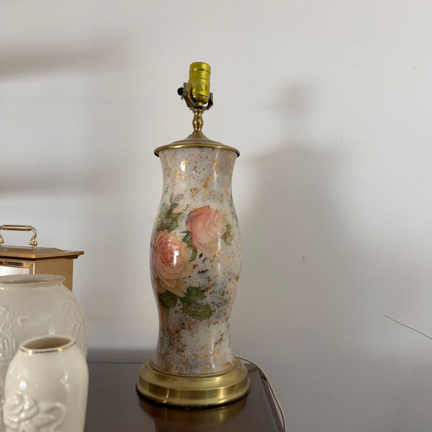 Vintage tall ceramic lamp with decoupaged pink roses, no harp, 18"H