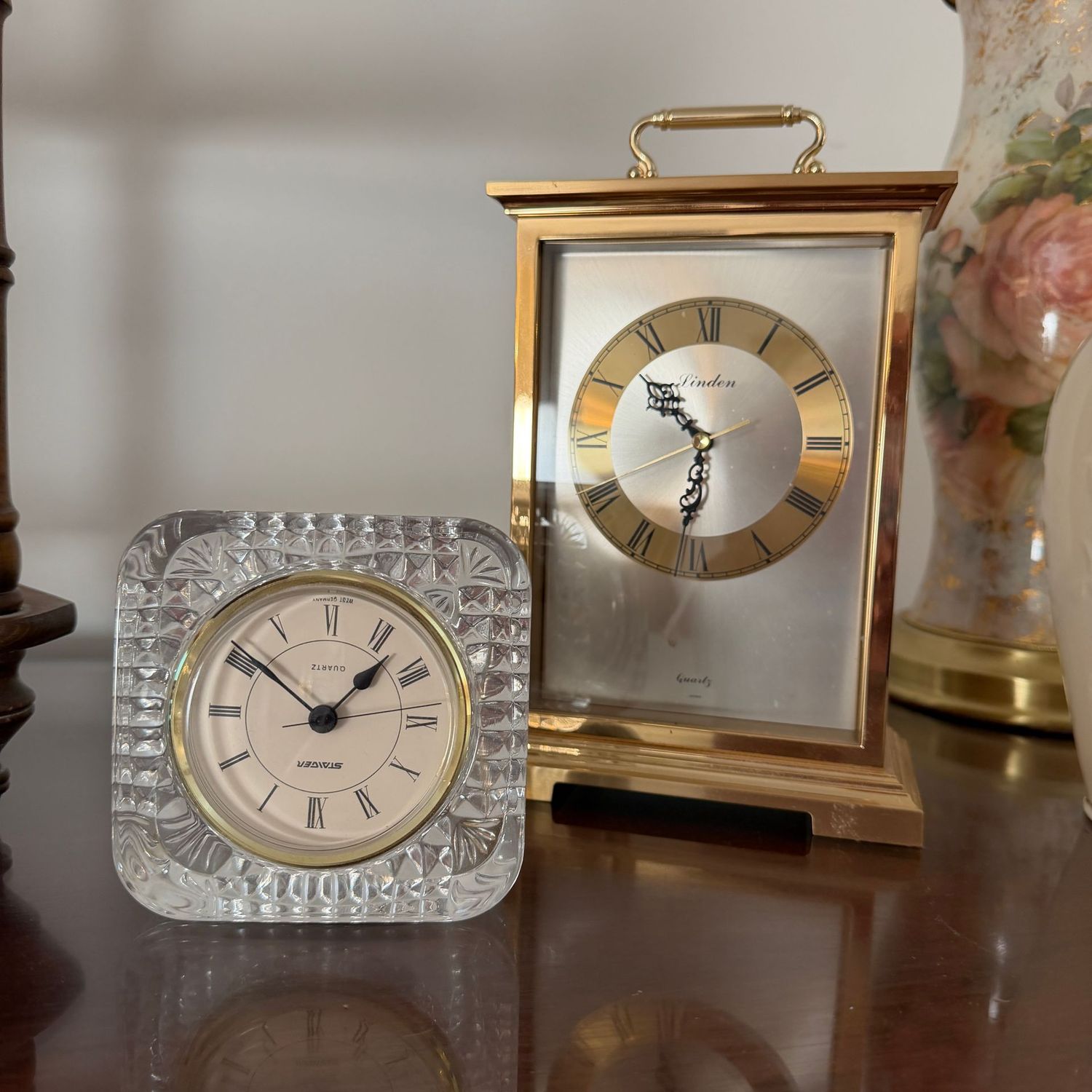 Two vintage battery-operated clocks, Staiger crystal, and Brass Linden quartz, 8"H