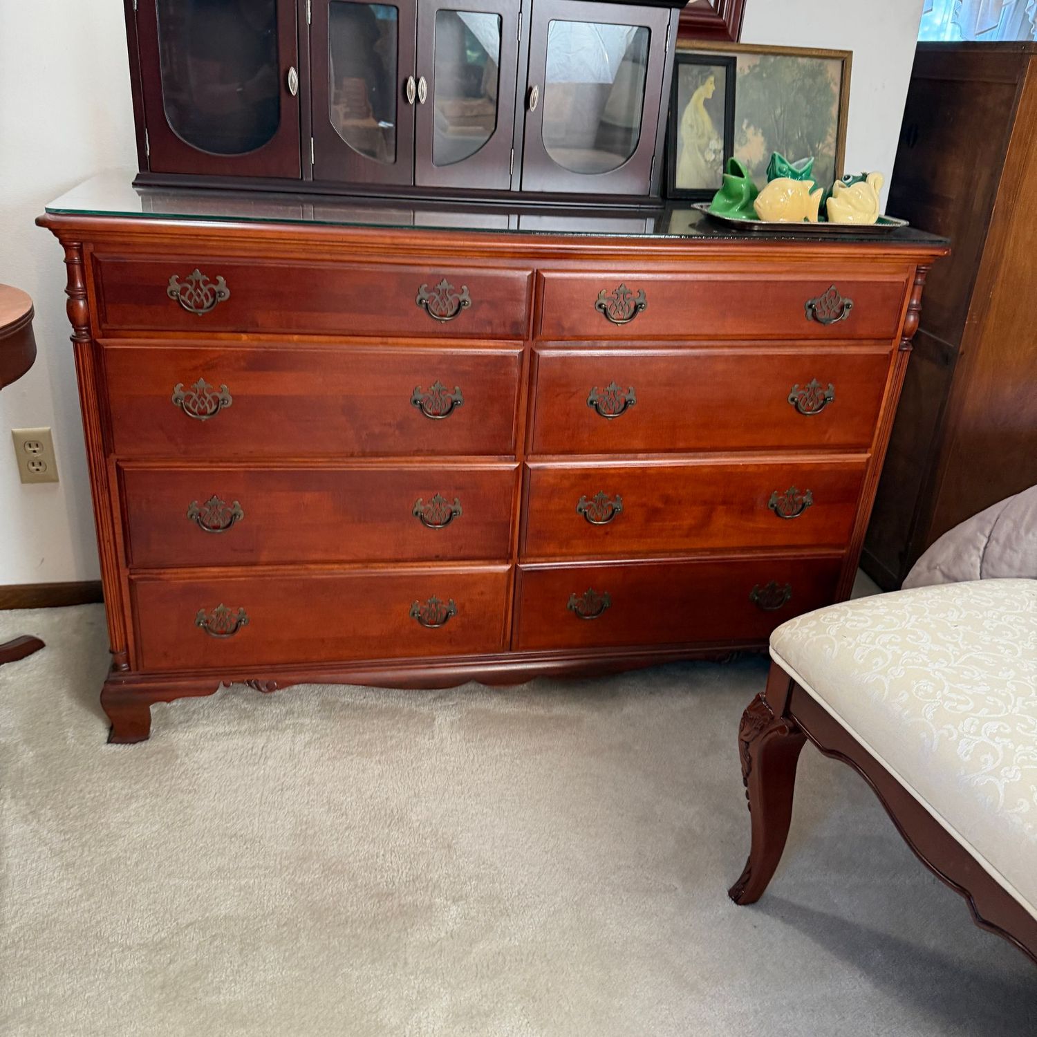 Vintage Kling Furniture 8-drawer dresser, chest with brass pulls, glass top, one drawer support needs repair, chest has a hairline/shrinkage separation across the top (see pics), 34 Vintage Kling Furniture 8-drawer dresser, chest with brass pulls, glass top, one drawer support needs repair, chest has a hairline/shrinkage separation across the top (see pics), 34"x20"x52"(Upstairs)
