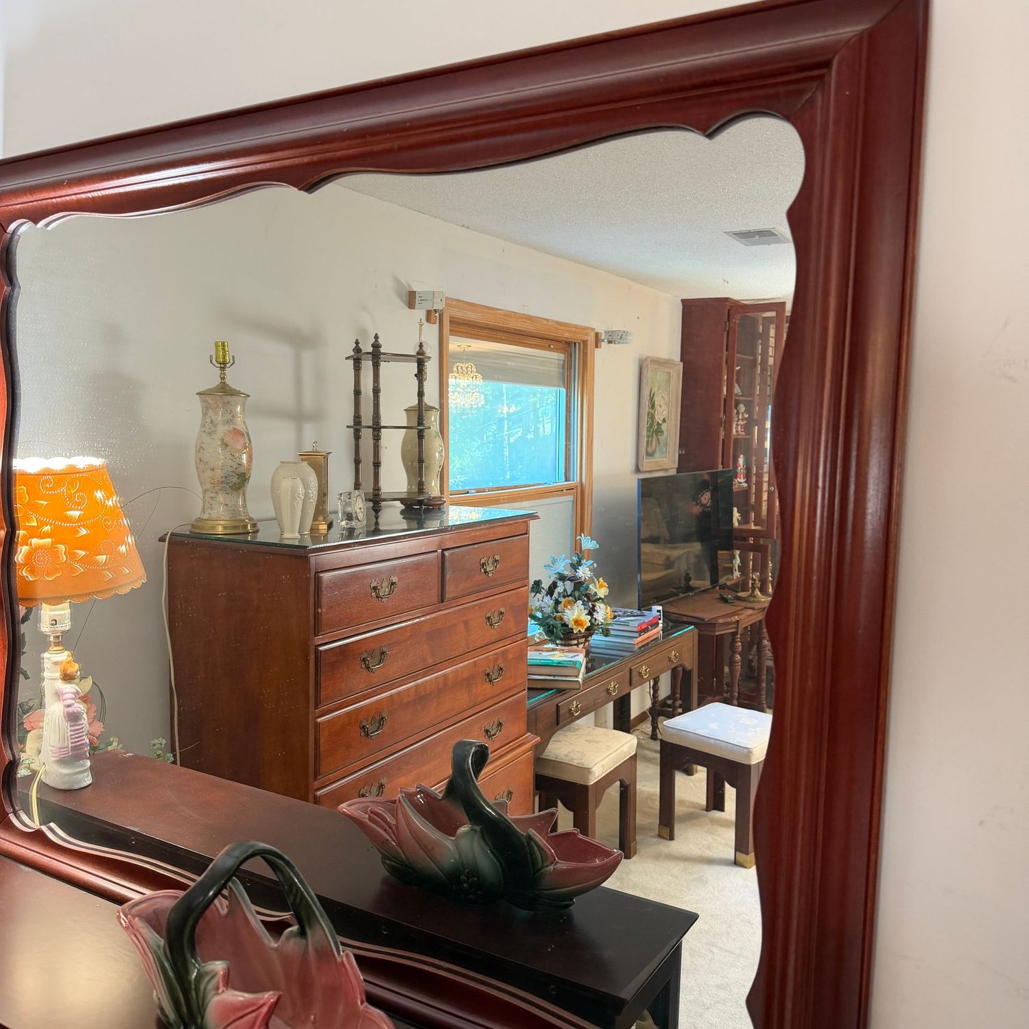 Vintage Kling wall mirror with cherry finish, scalloped detail, 33 Vintage Kling wall mirror with cherry finish, scalloped detail, 33" x 41"W (this item is upstairs)