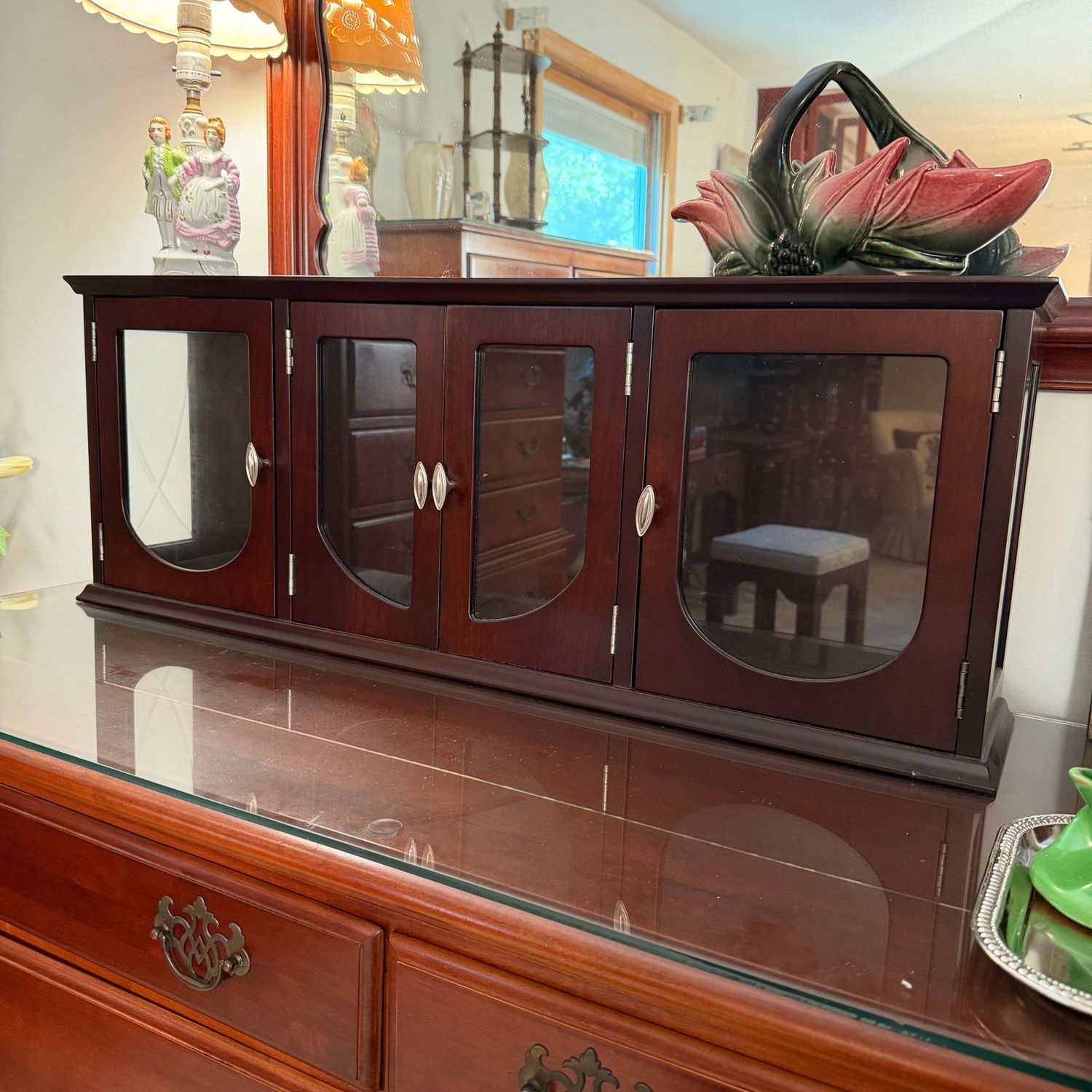 Long dark cherry 4-compartment display shelf, beautiful for perfume bottles, antique books, glassware, 13"H x 6"D x 35"L (Item is upstairs)