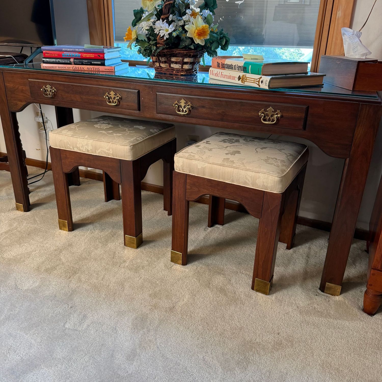 Pennsylvania House large console table with 2 drawers, custom glass protector, matching padded stools with brass corner protectors, 28"H x 63"L x 17"D, stools are 18"H (heavy and upstairs)