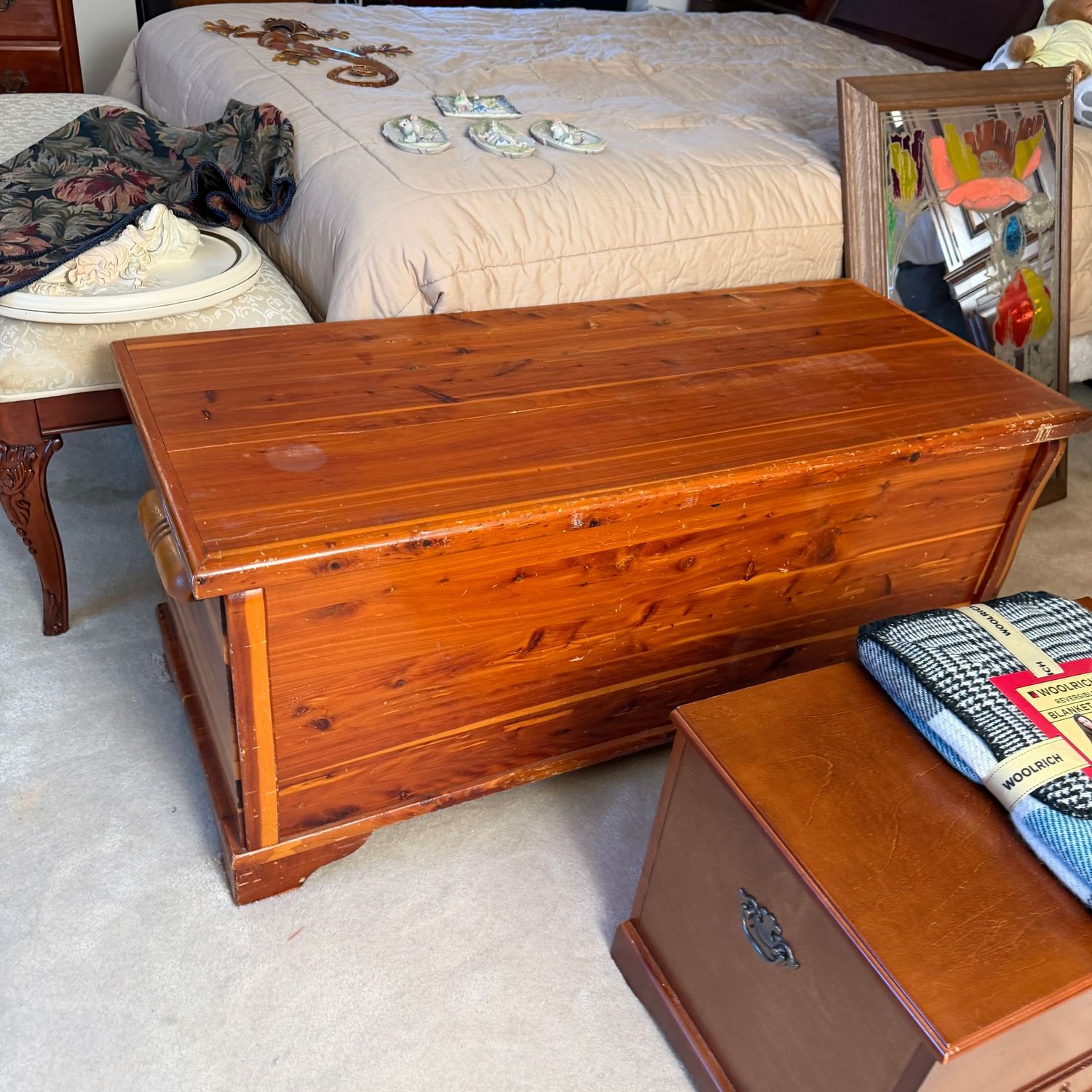 Large vintage cedar chest, some wear, does have a hairline across the entire top, needs light refurbishing, one hinge needs fresh screws, 20"H x 20"D x 48"L (This item is heavy and upstairs)