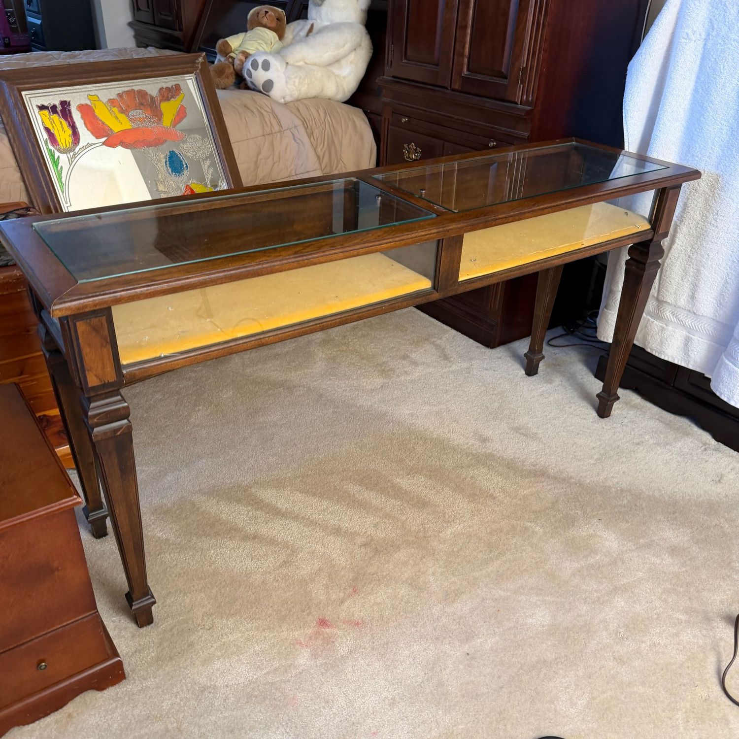 Brandt Furniture long display hall table with lift-out glass top, viewing from front and sides, 26"H x 55"L x 15"D, mild wear (This item is heavy and upstairs)