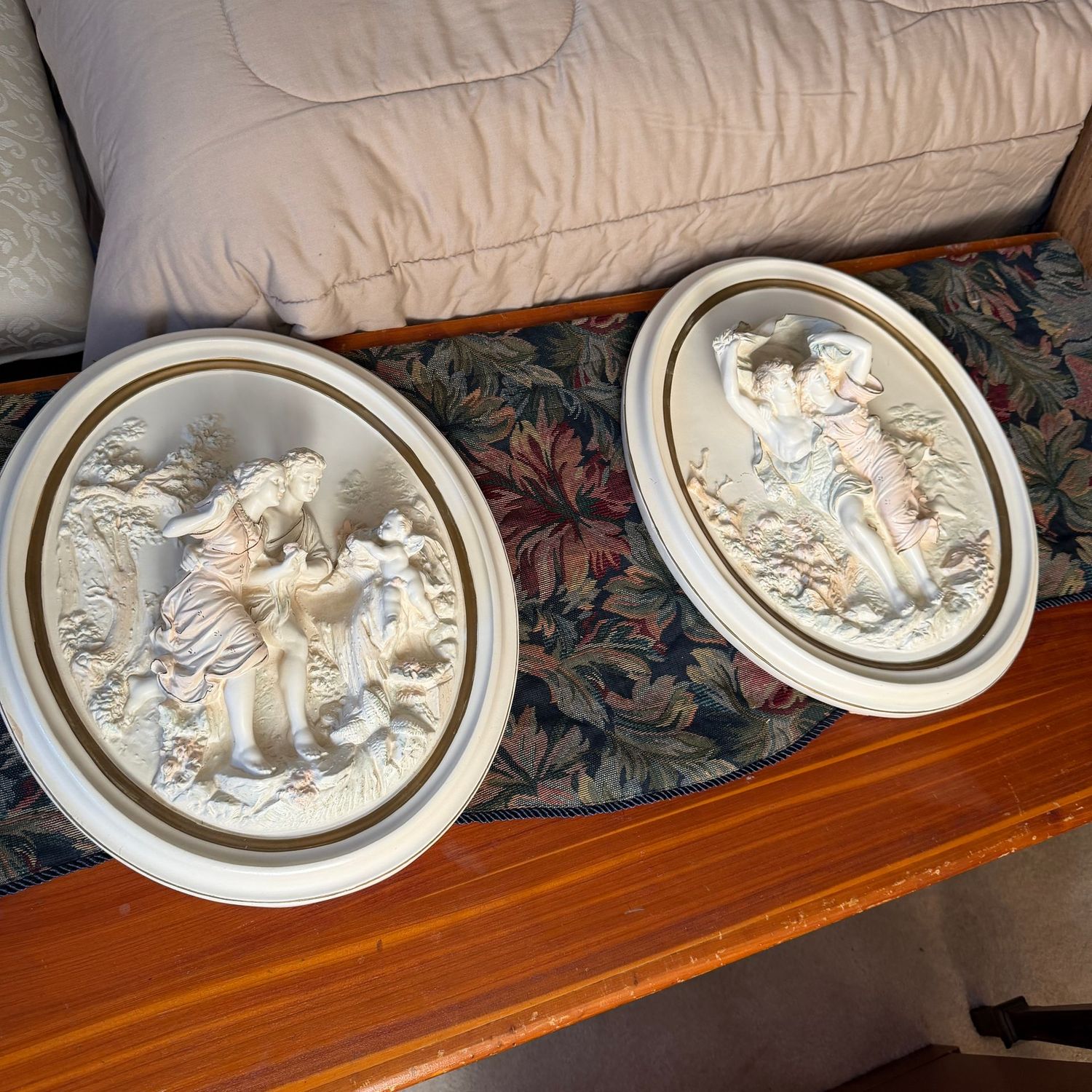Pair of mid-century large oval romantic relief plaques, 16 Pair of mid-century large oval romantic relief plaques, 16" x 12"