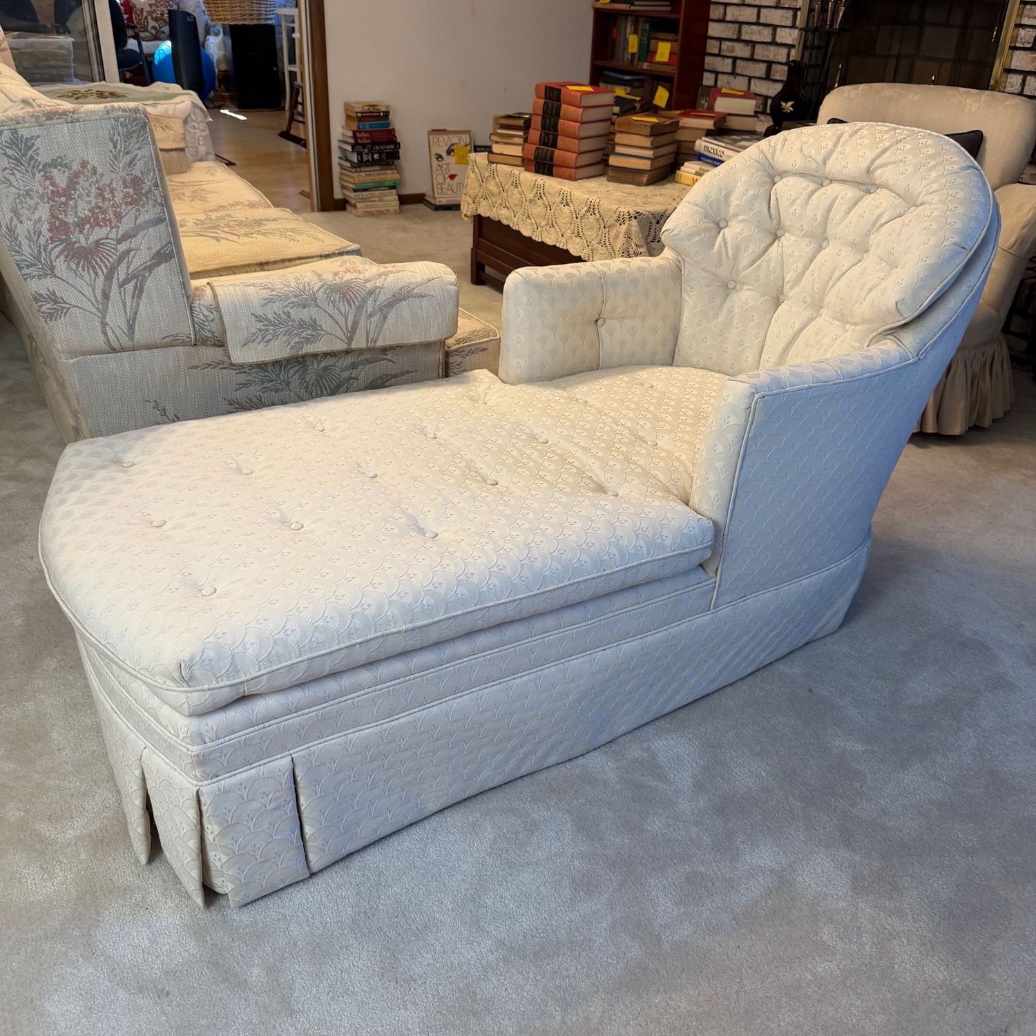 Fairfield ivory reclining, reading chair, lounger with tufted back and cushion, good condition, 60"L x 31"H x 27"W (This item is heavy and upstairs)