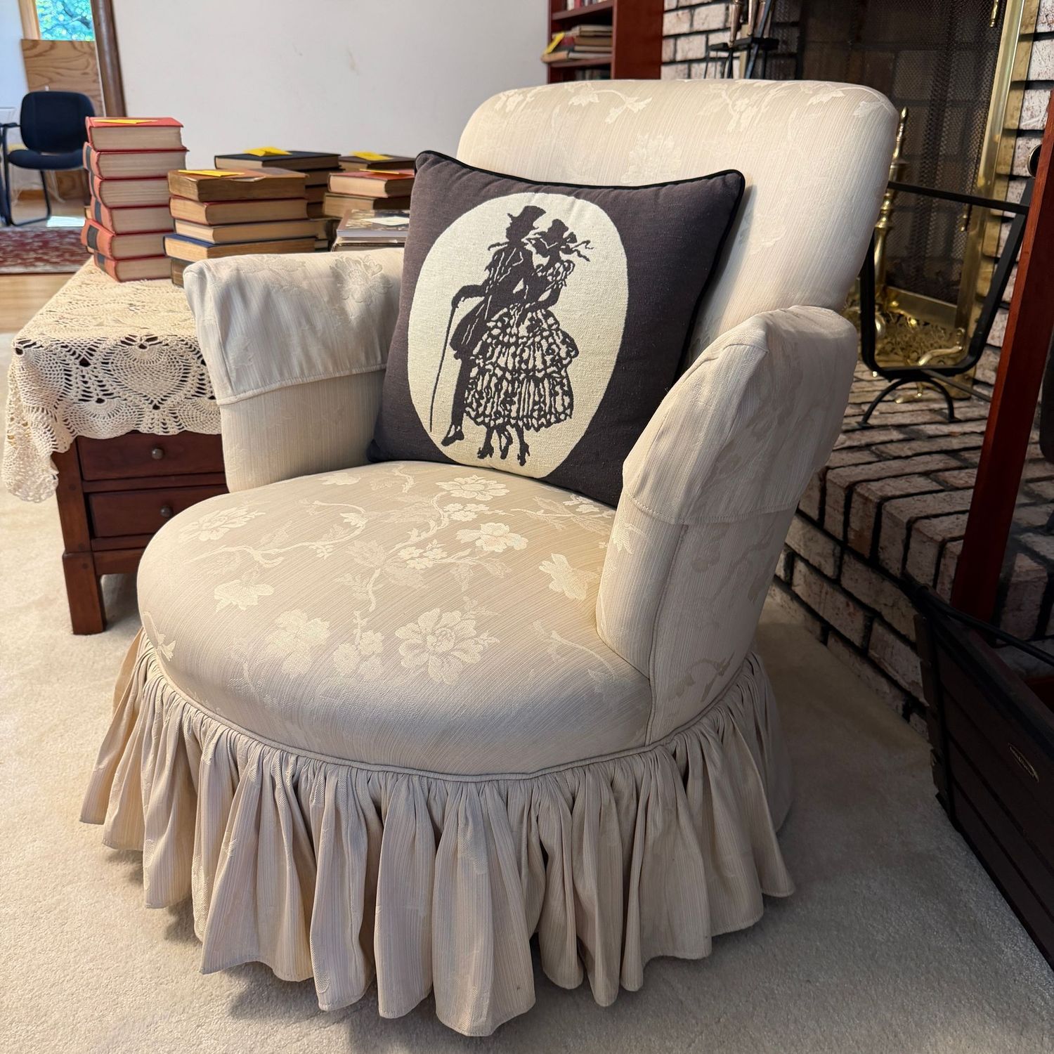 Armchair with gathered ruffled skirt, low-height 12"H seat, 28"W, back is 33"H
