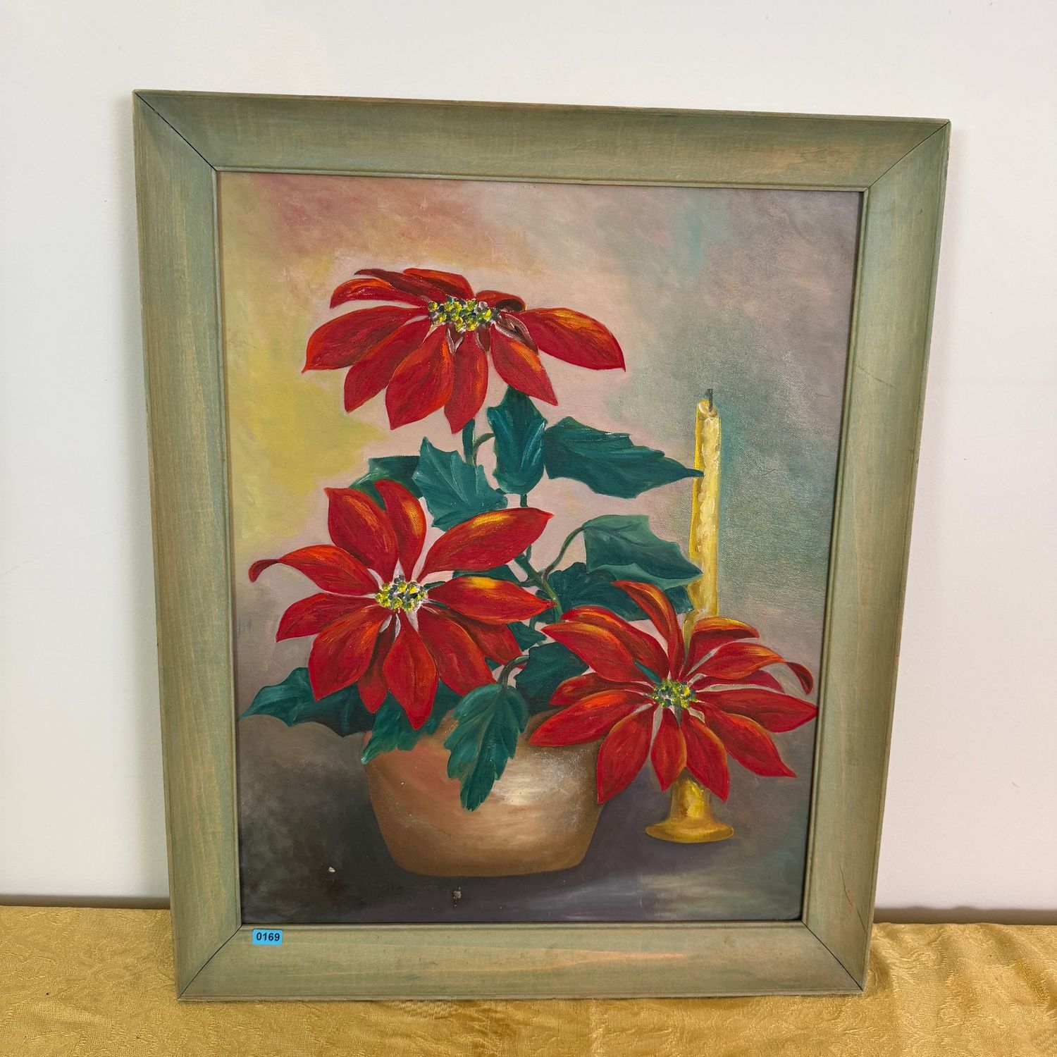 Original still life poinsettia painting by Alberta Melton, B0169, minor bumps lower left of canvas, 22 Original still life poinsettia painting by Alberta Melton, B0169, minor bumps lower left of canvas, 22" x 18"
