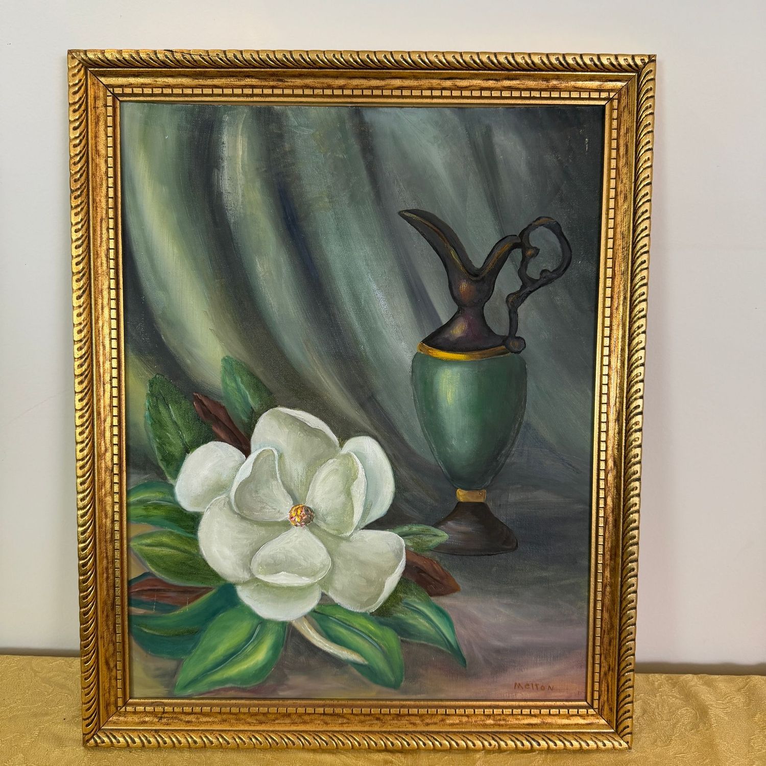 Original still life painting by Alberta Melton, magnolia blossom with ewer, beautiful gold frame, B0170, 22 Original still life painting by Alberta Melton, magnolia blossom with ewer, beautiful gold frame, B0170, 22" x 18"