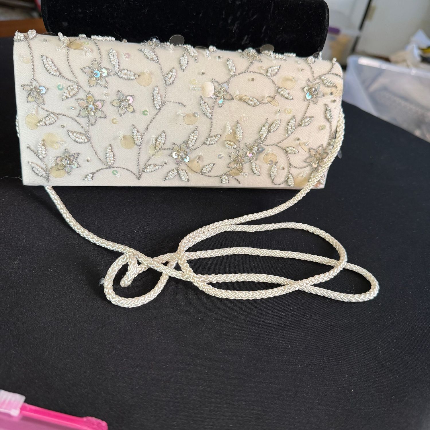Ivory satin and sequin evening bag purse, monor marks on bottom, B0190, 8 Ivory satin and sequin evening bag purse, monor marks on bottom, B0190, 8"