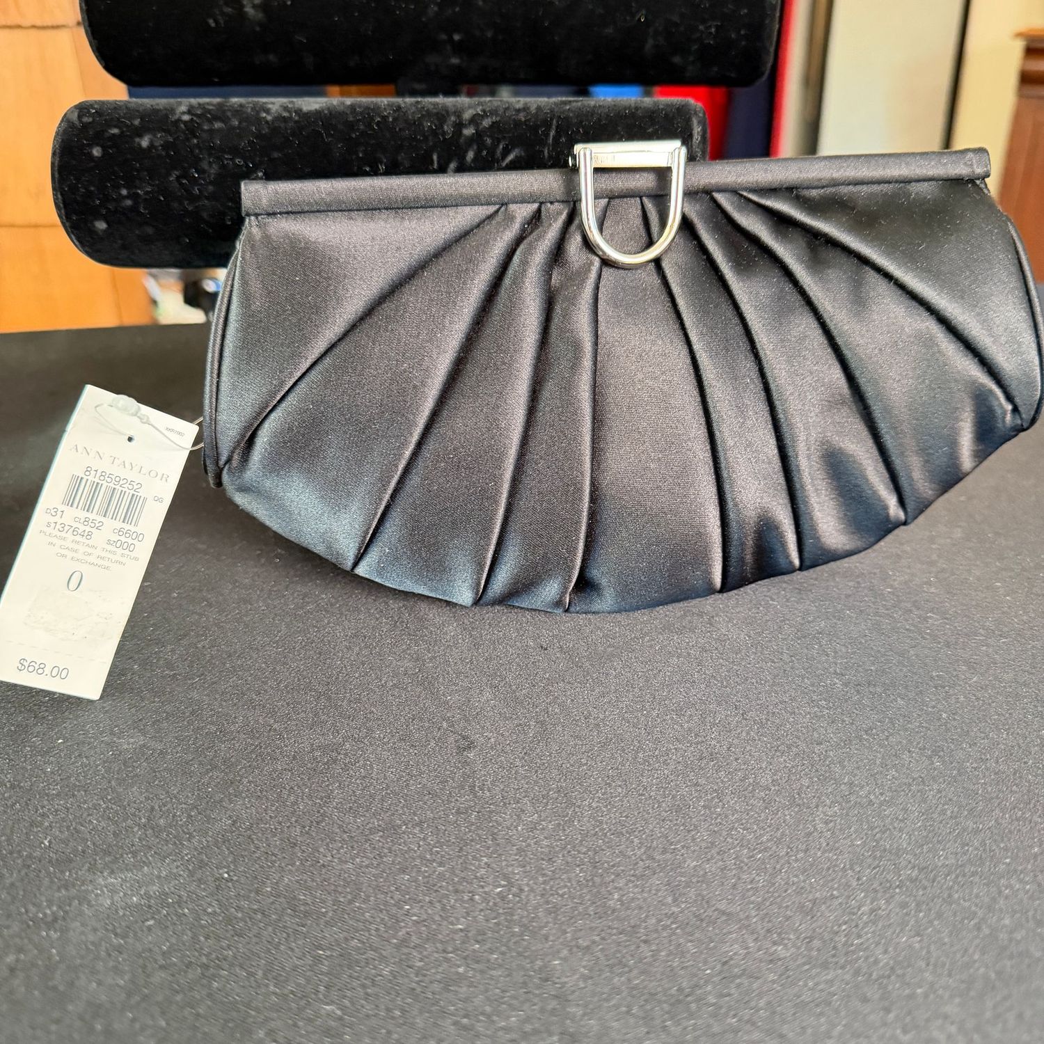 Black satin Ann Taylor evening bag purse, B0196 Black satin Ann Taylor evening bag purse, B0196
