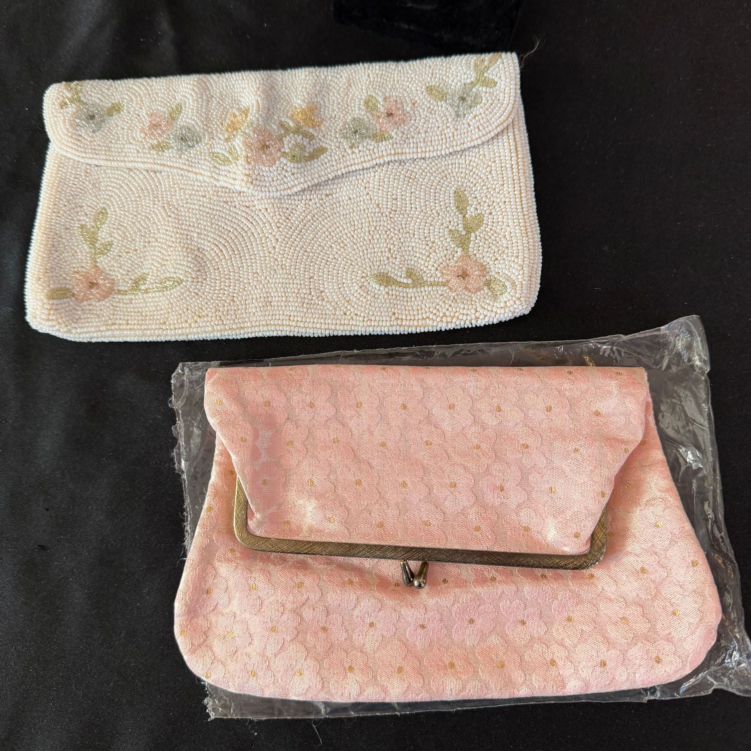 Vintage fold-over pink, and floral beaded evening bag purses, some mild wear to both, B0201 Vintage fold-over pink, and floral beaded evening bag purses, some mild wear to both, B0201