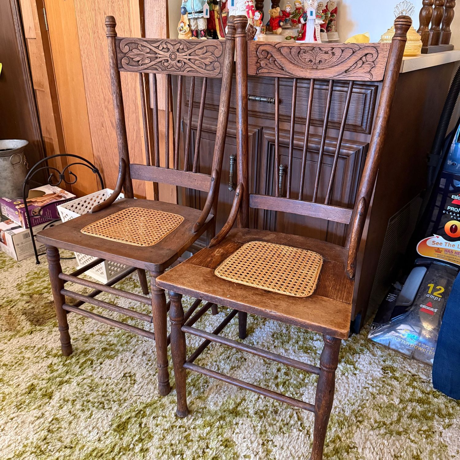Two pressed-back oak chairs, bent wood supports, replaced cane seat, nice condition, 39 Two pressed-back oak chairs, bent wood supports, replaced cane seat, nice condition, 39"H x 17"W