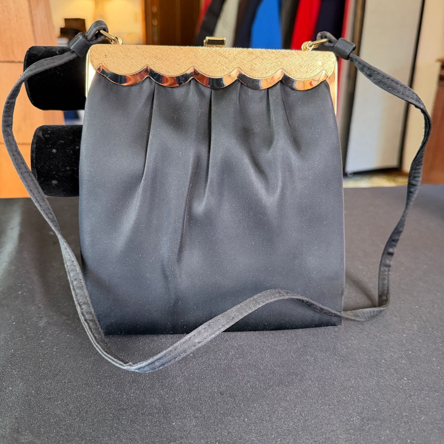 Tall black satin evening bag purse, 8"H, B0197