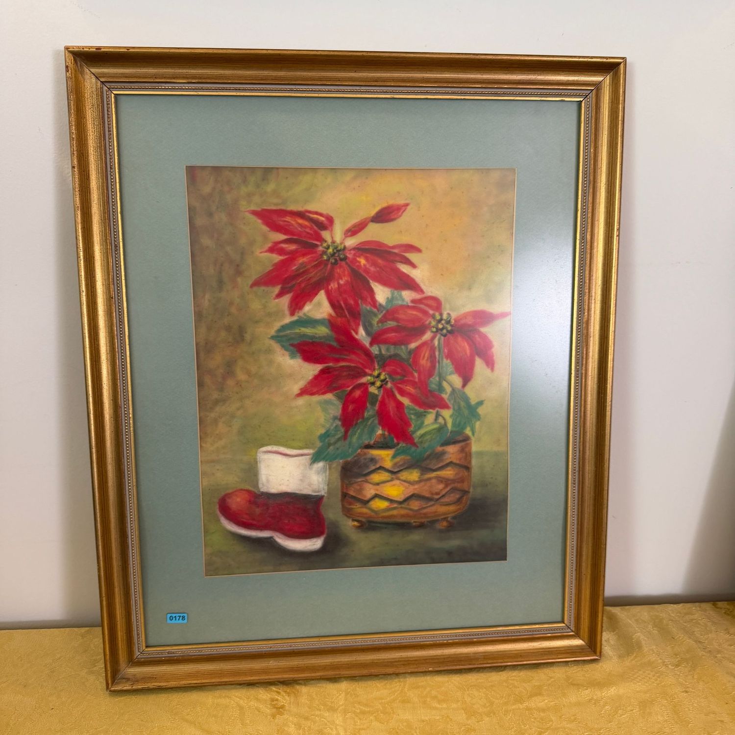 Poinsettia chalk drawing with Santa's boot by Alberta Melton, gold frame, B0178, 24 Poinsettia chalk drawing with Santa's boot by Alberta Melton, gold frame, B0178, 24" x 21"