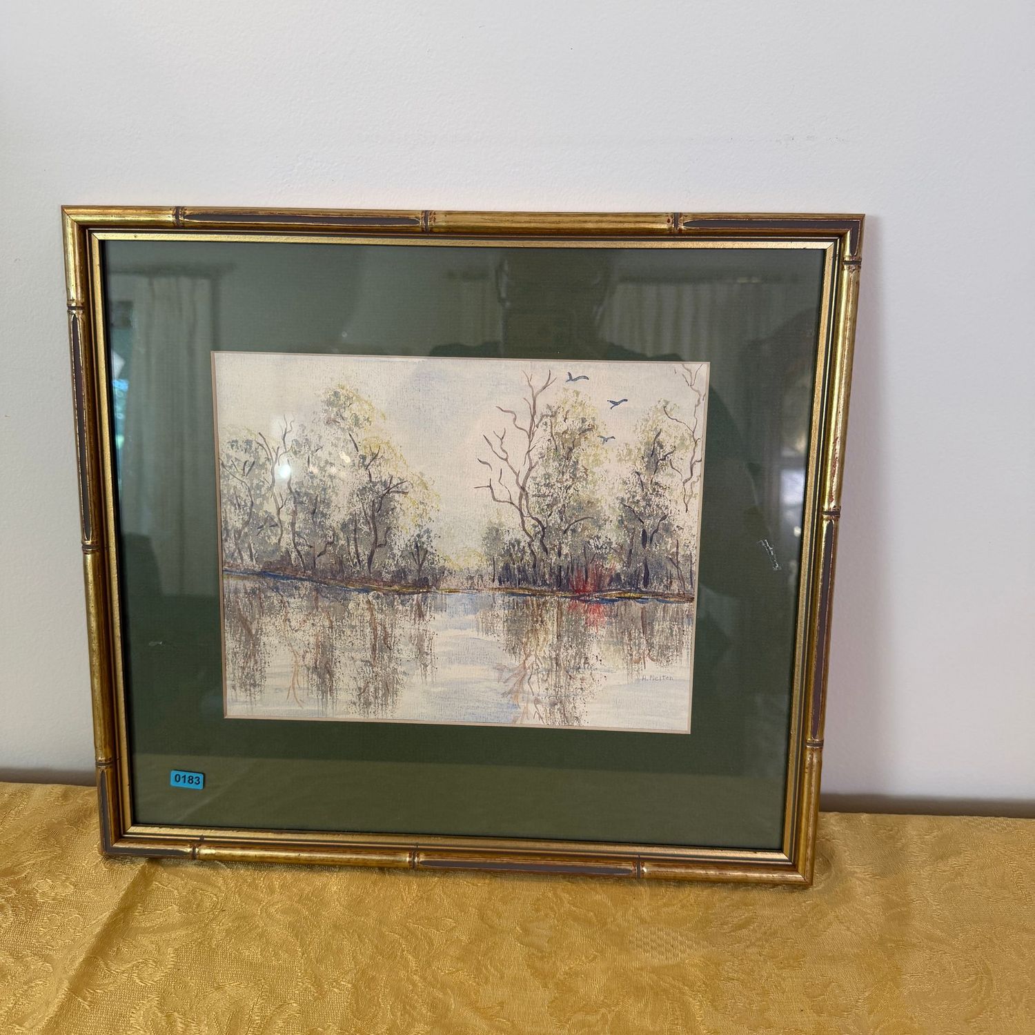 Original landscape watercolor by Alberta Melton, mirrored trees along the riverbank, B0183, 15 Original landscape watercolor by Alberta Melton, mirrored trees along the riverbank, B0183, 15" x 17"