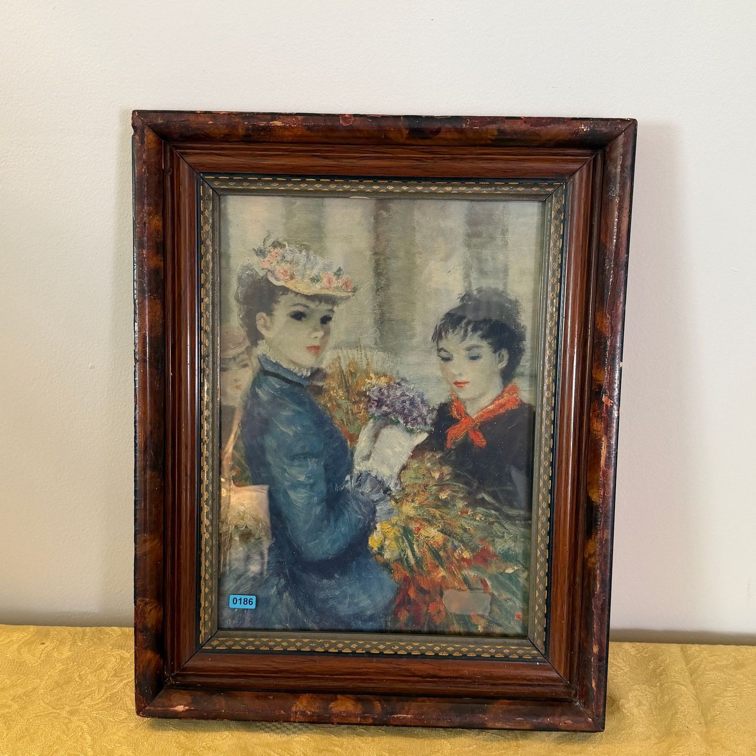 Parisian Woman at the Flower Market print by the Cherry Jeffe Huldah, vintage burl-style frame with some wear, back needs some fresh taping, B0186, 18 Parisian Woman at the Flower Market print by the Cherry Jeffe Huldah, vintage burl-style frame with some wear, back needs some fresh taping, B0186, 18" x 13"