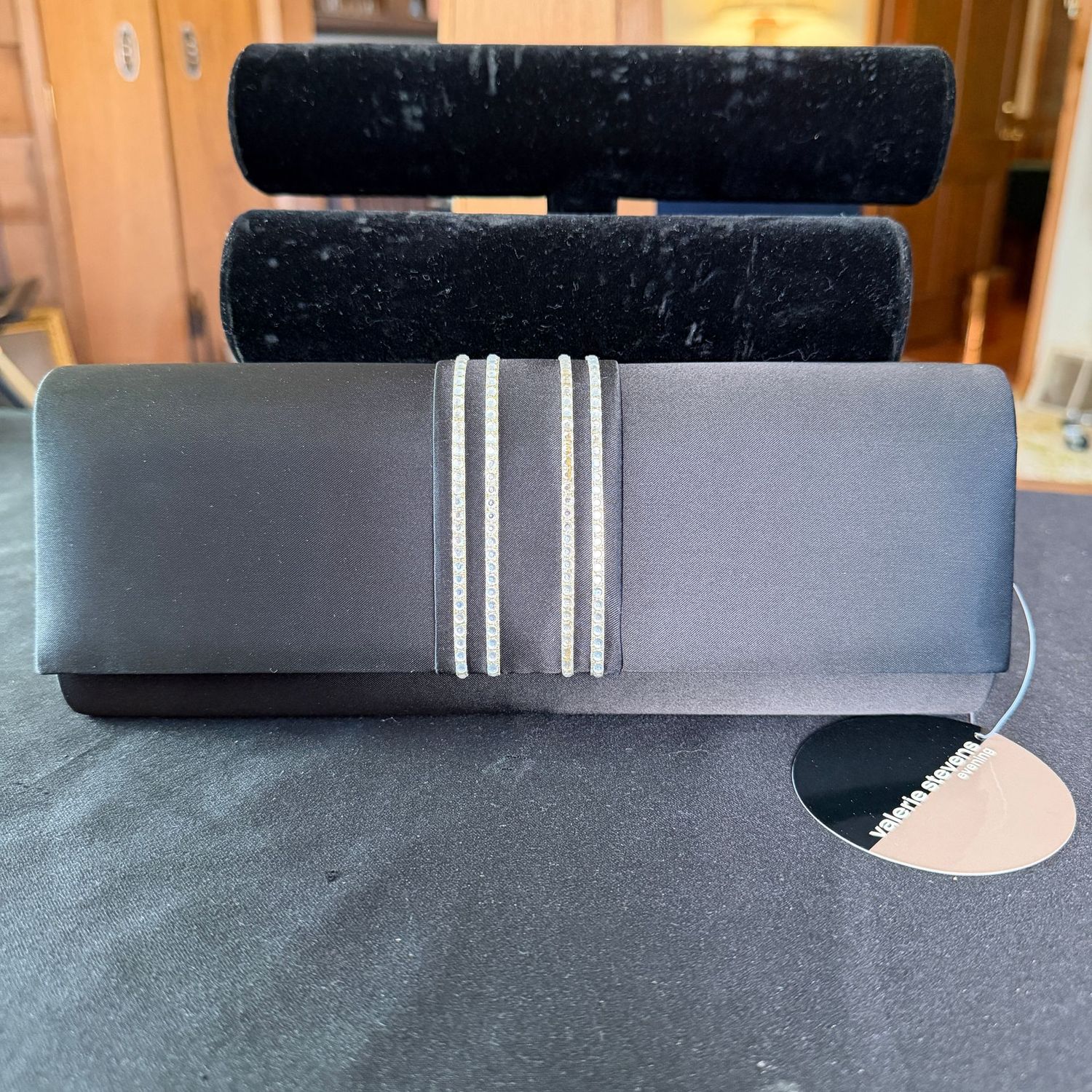 Black satin Valerie Stevens evening bag, clutch purse, rhinestone band, 10 Black satin Valerie Stevens evening bag, clutch purse, rhinestone band, 10"L, B0188
