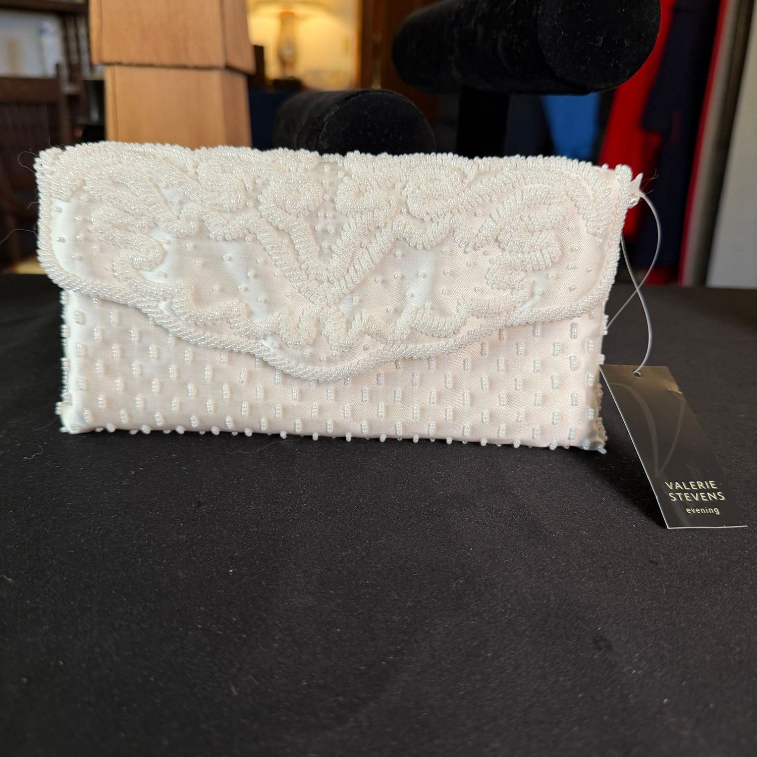Valerie Stevens ivory beaded satin evening bag purse, 8 Valerie Stevens ivory beaded satin evening bag purse, 8", B0206