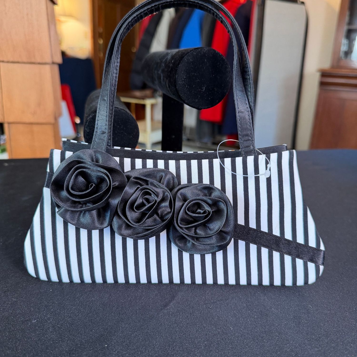 Striped satin and roses evening bag purse, 9", B0217