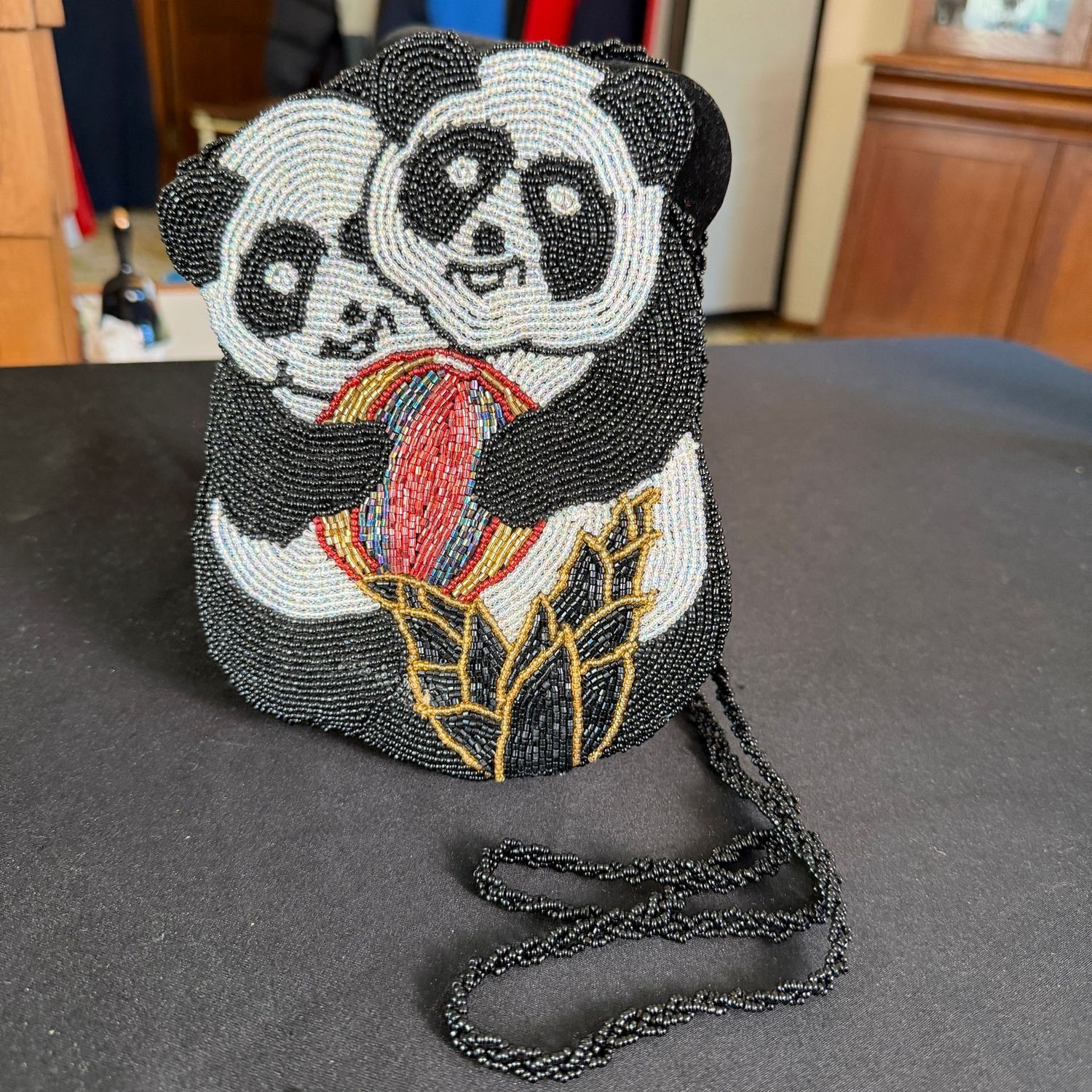Beaded pandas slender evening bag purse, 8 Beaded pandas slender evening bag purse, 8"H, B0218