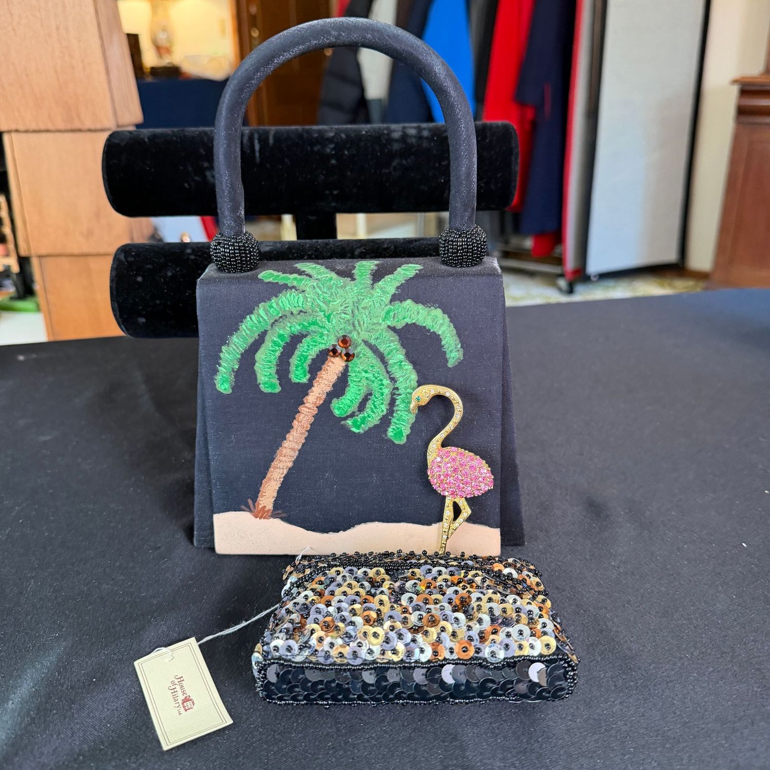 House of Hillary sequined coin purse, with palm tree purse and ostrich pin, minor wear, B0220 House of Hillary sequined coin purse, with palm tree purse and ostrich pin, minor wear, B0220