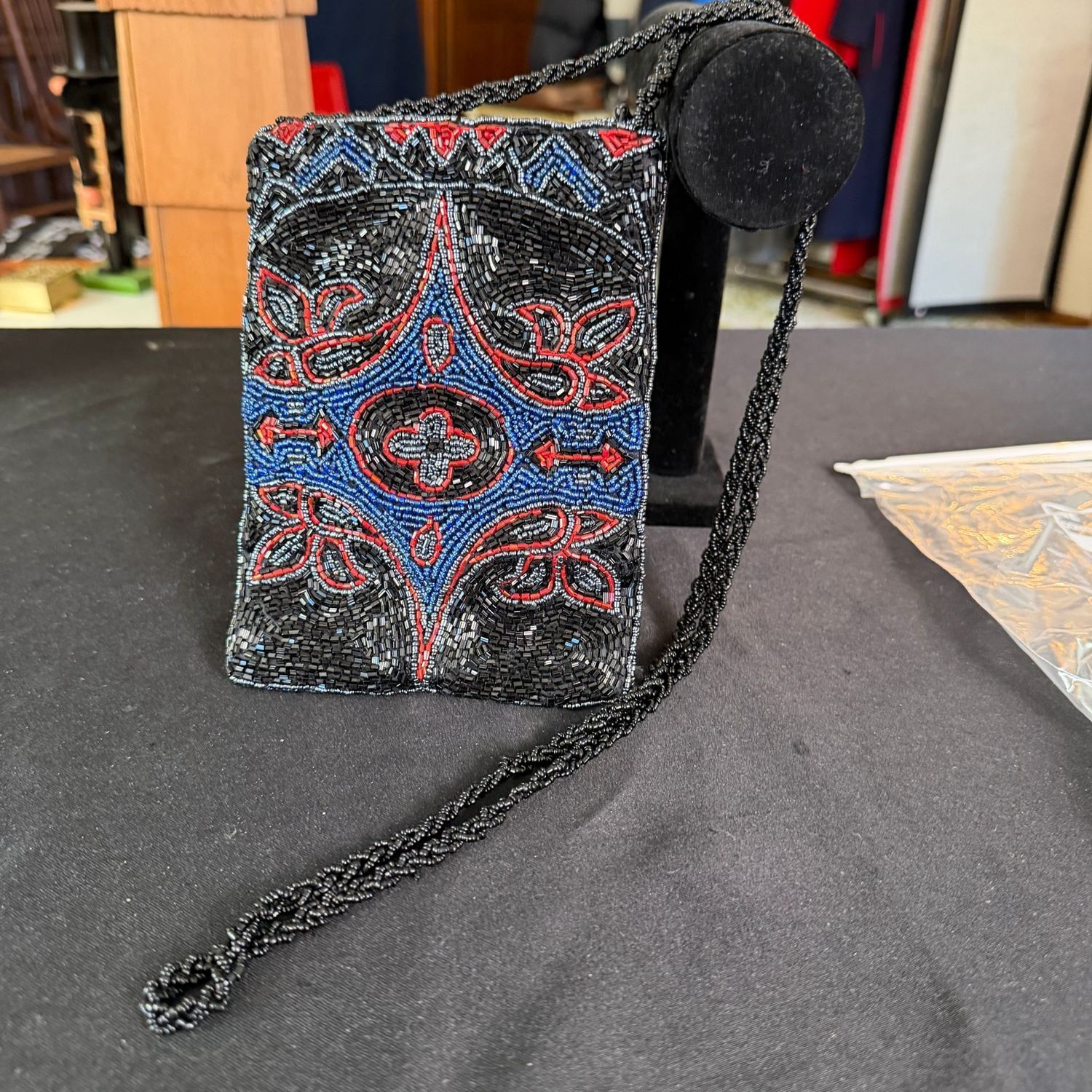 Black, red, and blue beaded Christiana evening bag, purse, 7 Black, red, and blue beaded Christiana evening bag, purse, 7"H, B0222
