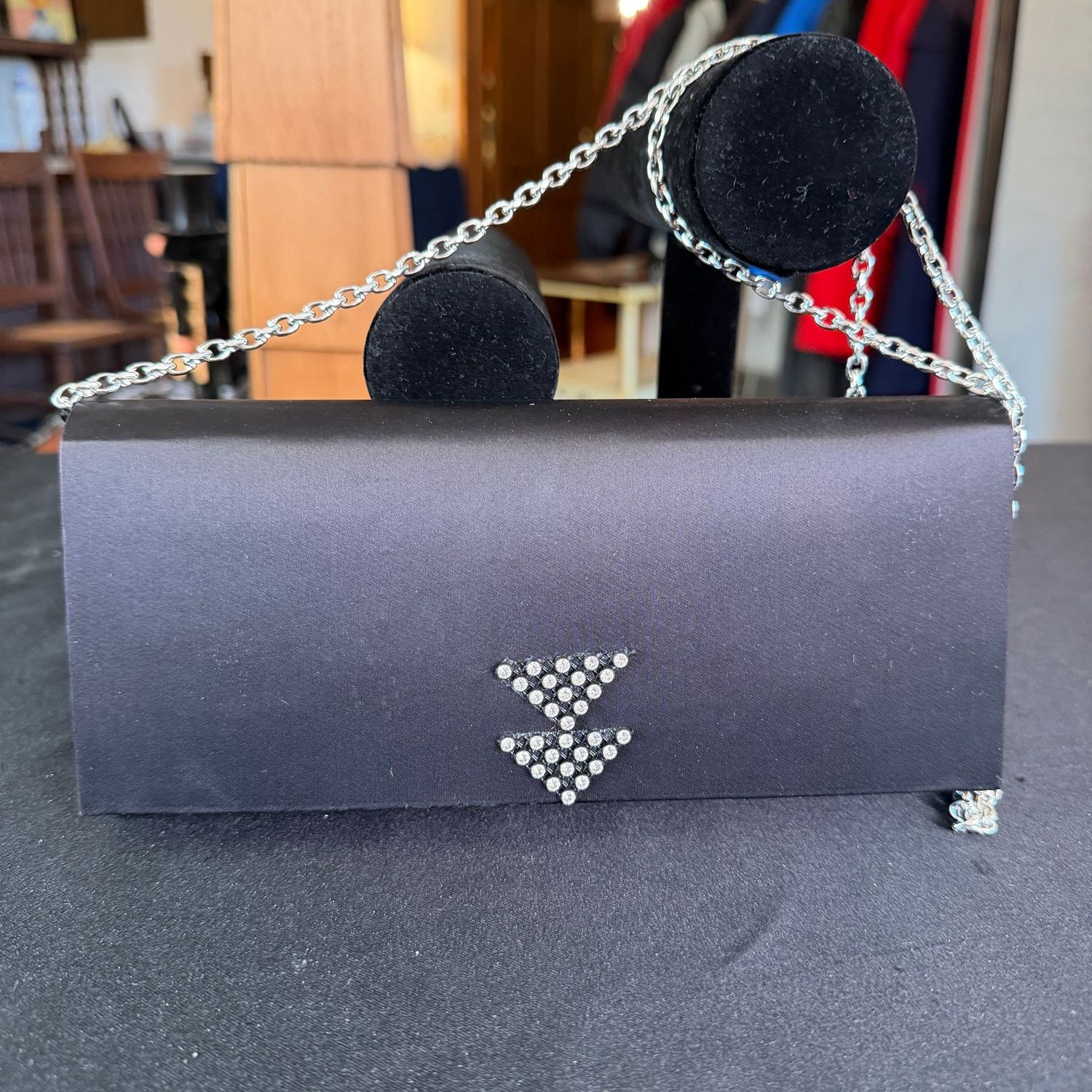 Black satin and rhinestone evening bag purse, 9 Black satin and rhinestone evening bag purse, 9", B0224