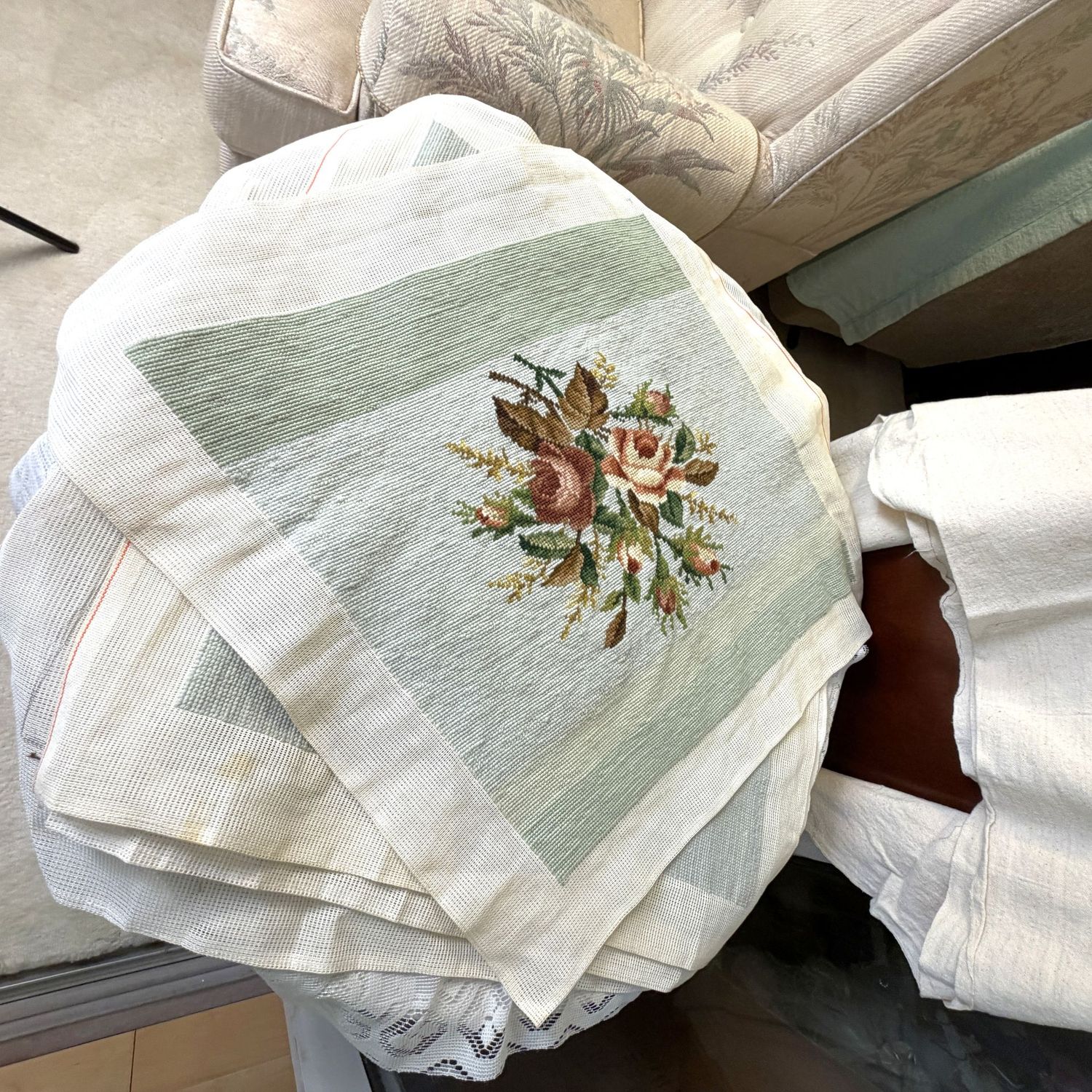 Stack of large, chair/throw pillow-sized needlepoint panels, 3 finished, 1 partially finished, approx. 16 Stack of large, chair/throw pillow-sized needlepoint panels, 3 finished, 1 partially finished, approx. 16" x 18" picture area