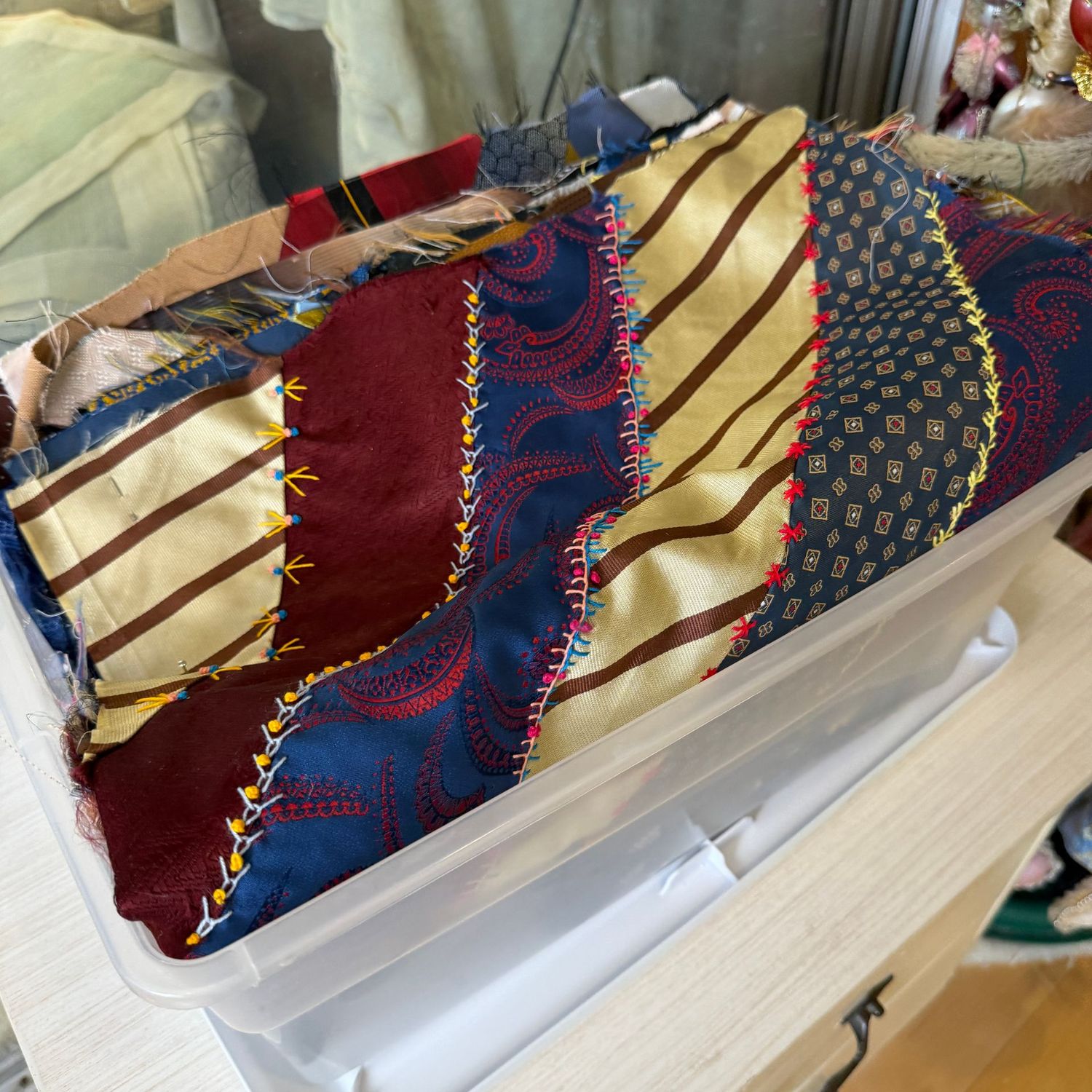 Several quilted panels of vintage ties, plus extra ties, panels are approx. 12 Several quilted panels of vintage ties, plus extra ties, panels are approx. 12"