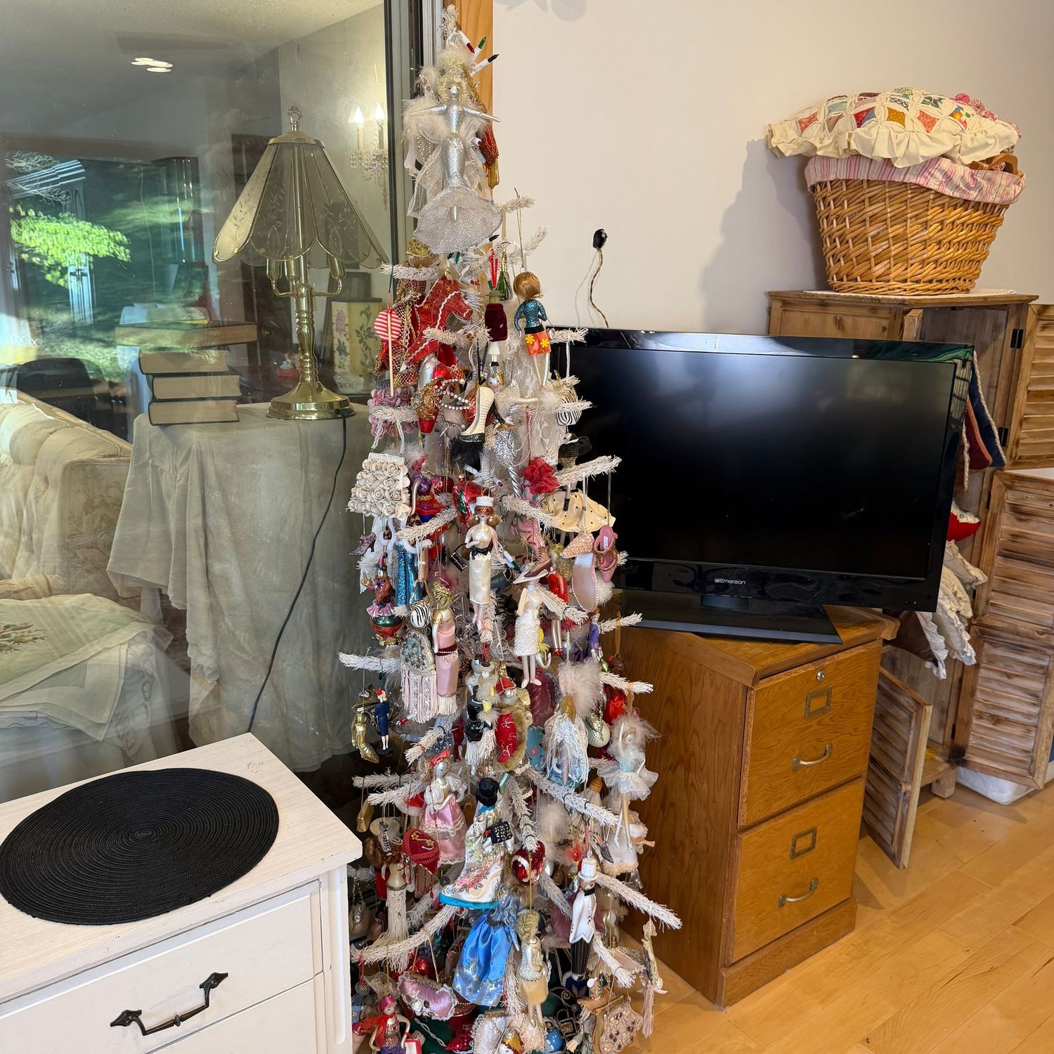 The Fashion Tree, white Christmas tree with mostly glass fashion-themed ornaments, some are up to 8 The Fashion Tree, white Christmas tree with mostly glass fashion-themed ornaments, some are up to 8", many are Adler, Ladies with Elegance, Carlini, 5'6"H x 16"W tree, this item is upstairs