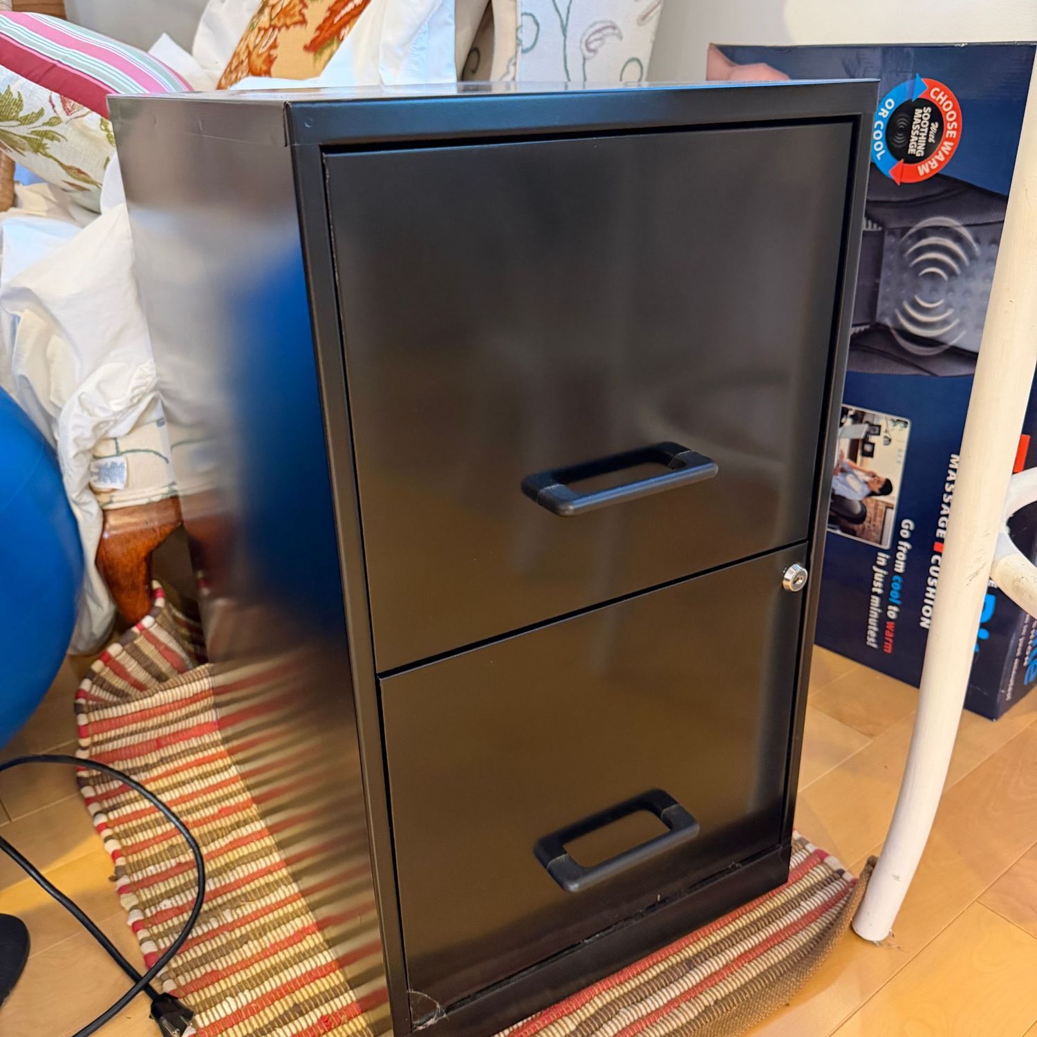 Black metal 2-drawer file cabinet, no key, lightweight, this item is upstairs, 24 Black metal 2-drawer file cabinet, no key, lightweight, this item is upstairs, 24"H x 17"L