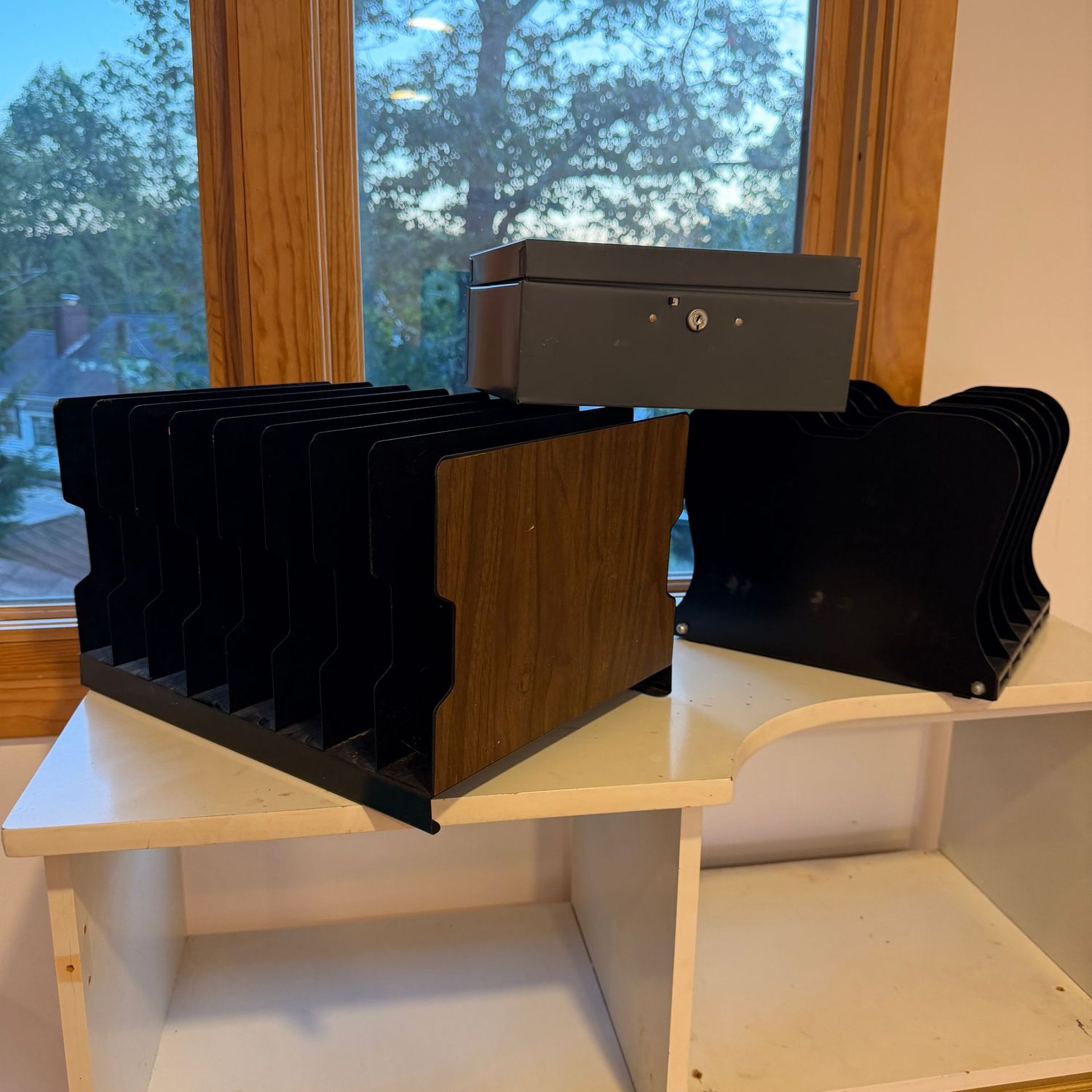 Industrial metal office storage box (no key) and metal file organizers, up to 15 Industrial metal office storage box (no key) and metal file organizers, up to 15"L (this item is upstairs)