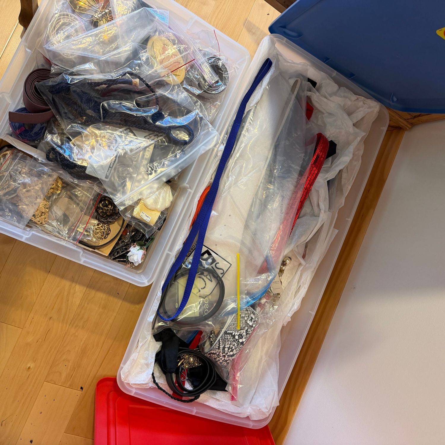 Two mystery bins of fashion and vintage belts, belt components Two mystery bins of fashion and vintage belts, belt components