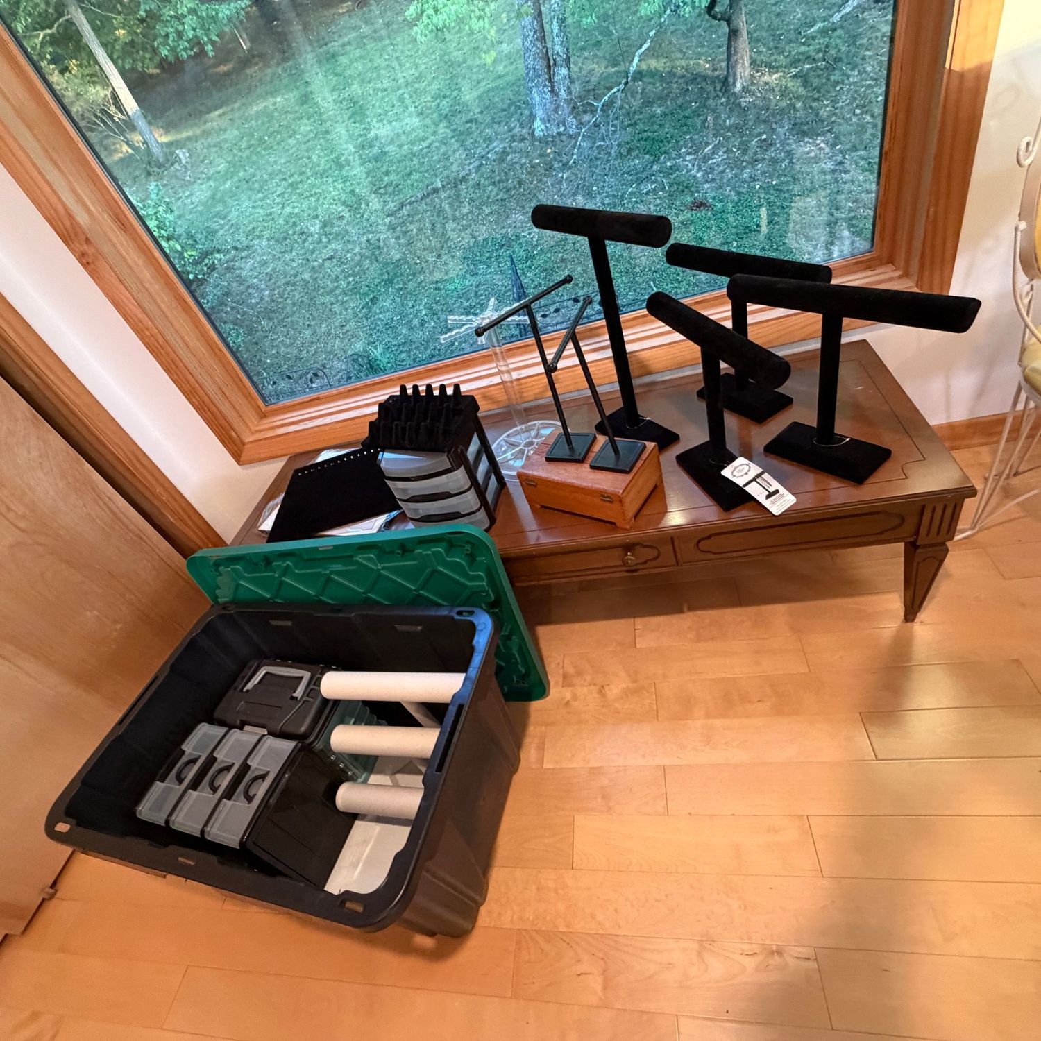 Overflowing bin of jewelry stands, velvet necklace panels, variety of sizes, organizing containers (This item is upstairs) Overflowing bin of jewelry stands, velvet necklace panels, variety of sizes, organizing containers (This item is upstairs)