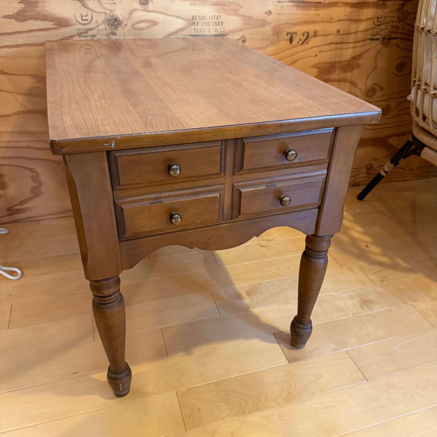 Mersman side table with drawer, some wear, 21 Mersman side table with drawer, some wear, 21"H x 19"W x 27"L (This item is upstairs)