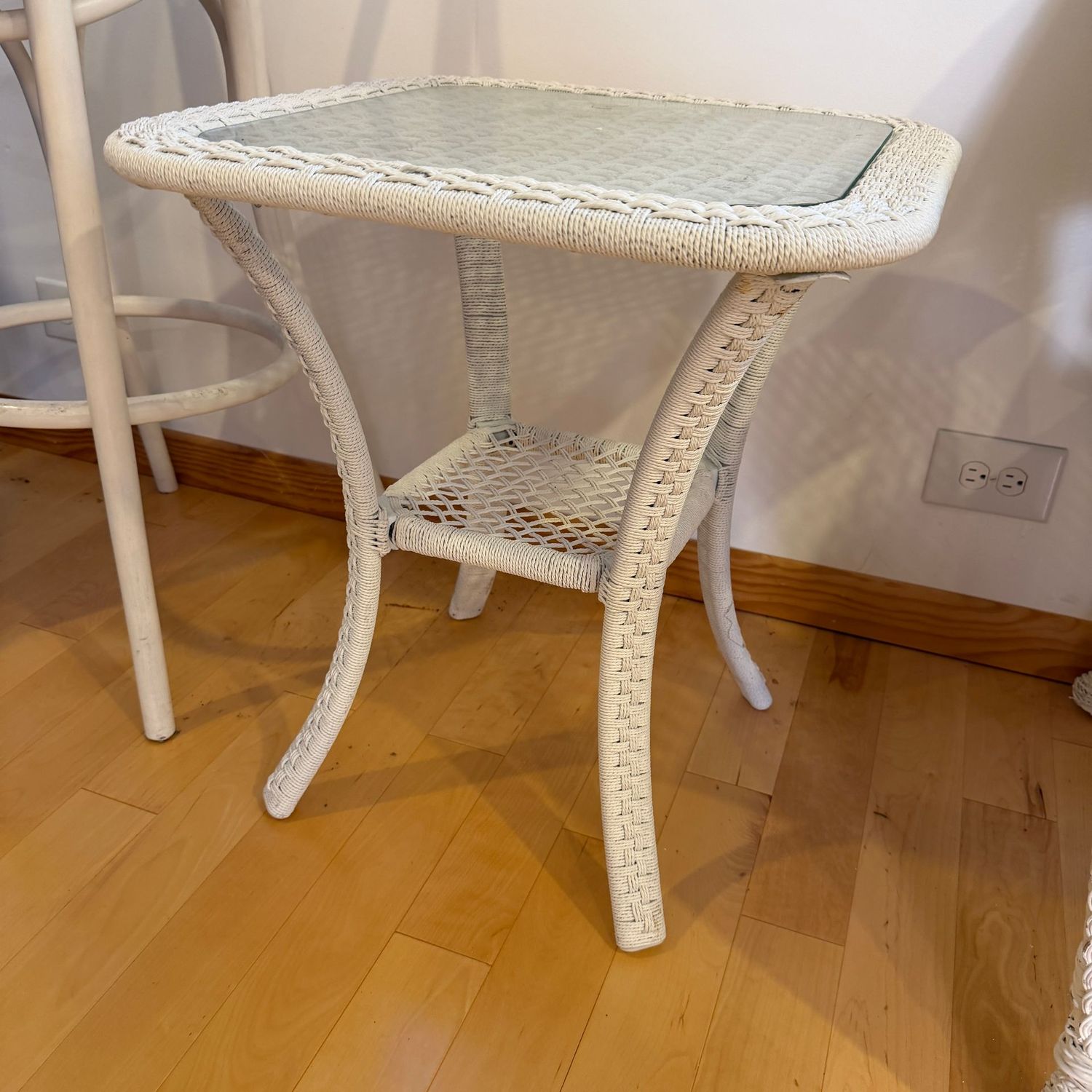 Woven white rope side table, 23 Woven white rope side table, 23"H x 20"W (This item is upstairs)