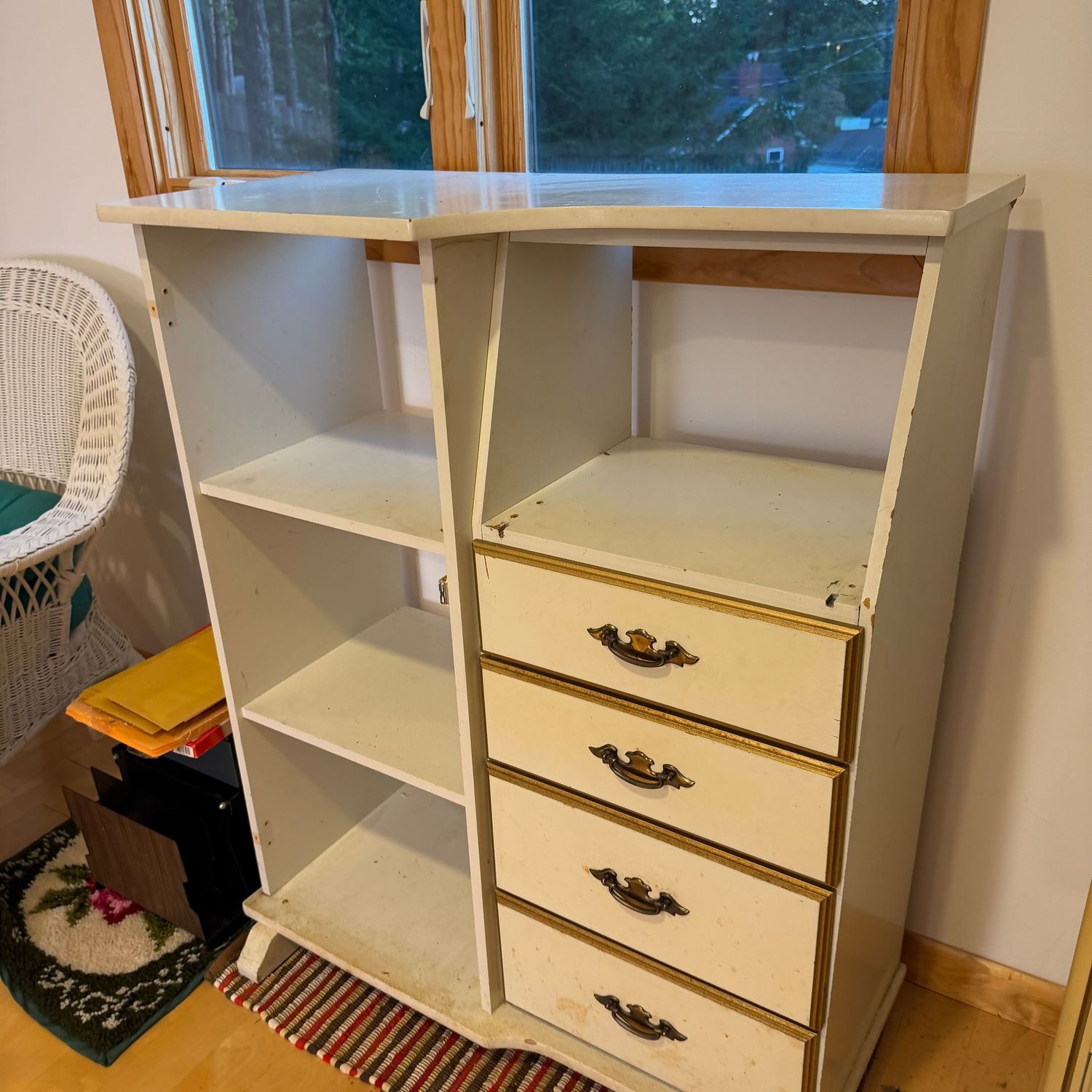 Vintage laminate shelf and drawer, missing some cupboard doors, still great for craft, approx. 36 Vintage laminate shelf and drawer, missing some cupboard doors, still great for craft, approx. 36"H x 35"W x 16" (This item is heavy and upstairs)