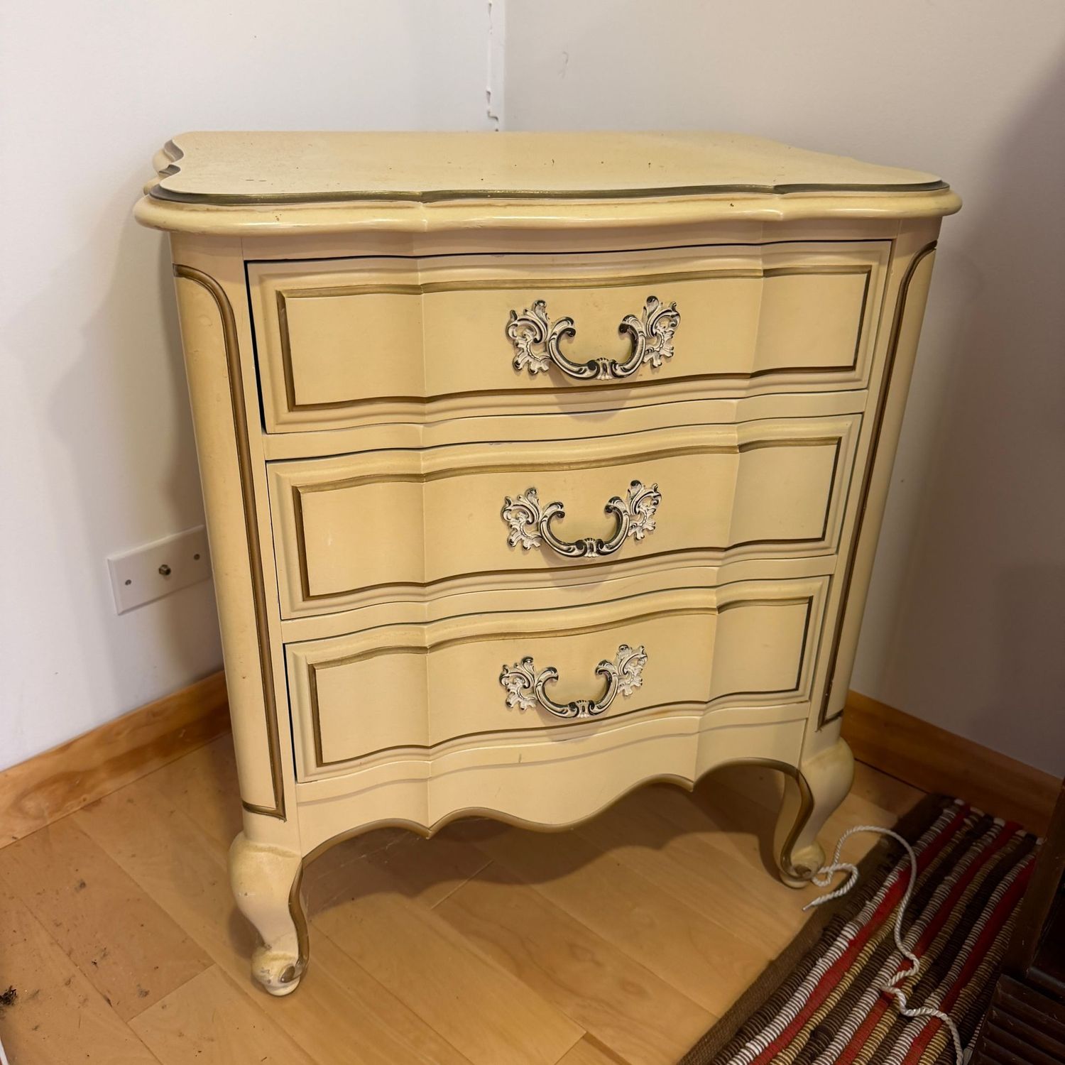 Vintage French Provincial 3-drawer side table, some wear, some sun fading on top, 27 Vintage French Provincial 3-drawer side table, some wear, some sun fading on top, 27"H x 24"W x 17"D (This item is upstairs)