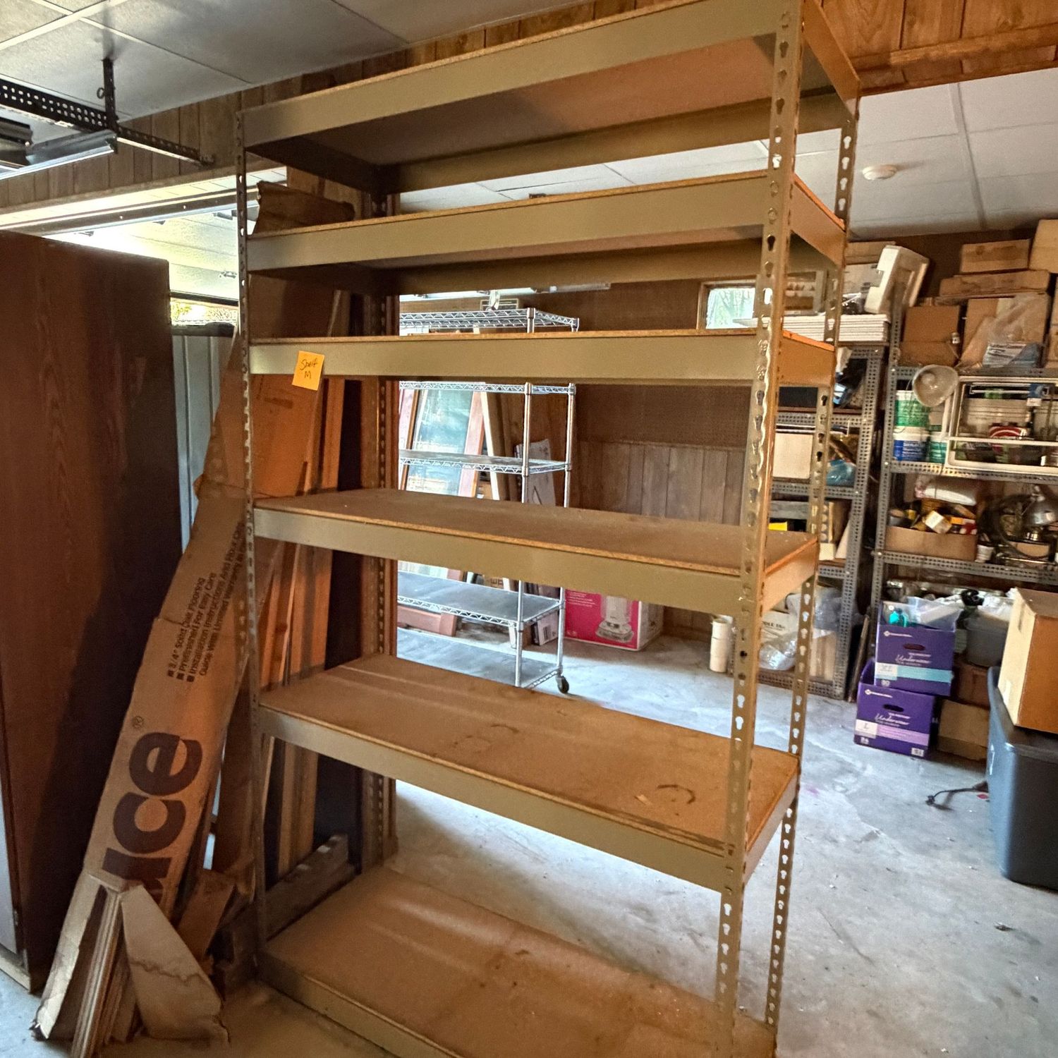 Very tall industrial steel shelf with MDF shelves, a few wear marks, 7 ft. tall x 4ft wide x 18 in. deep Very tall industrial steel shelf with MDF shelves, a few wear marks, 7 ft. tall x 4ft wide x 18 in. deep