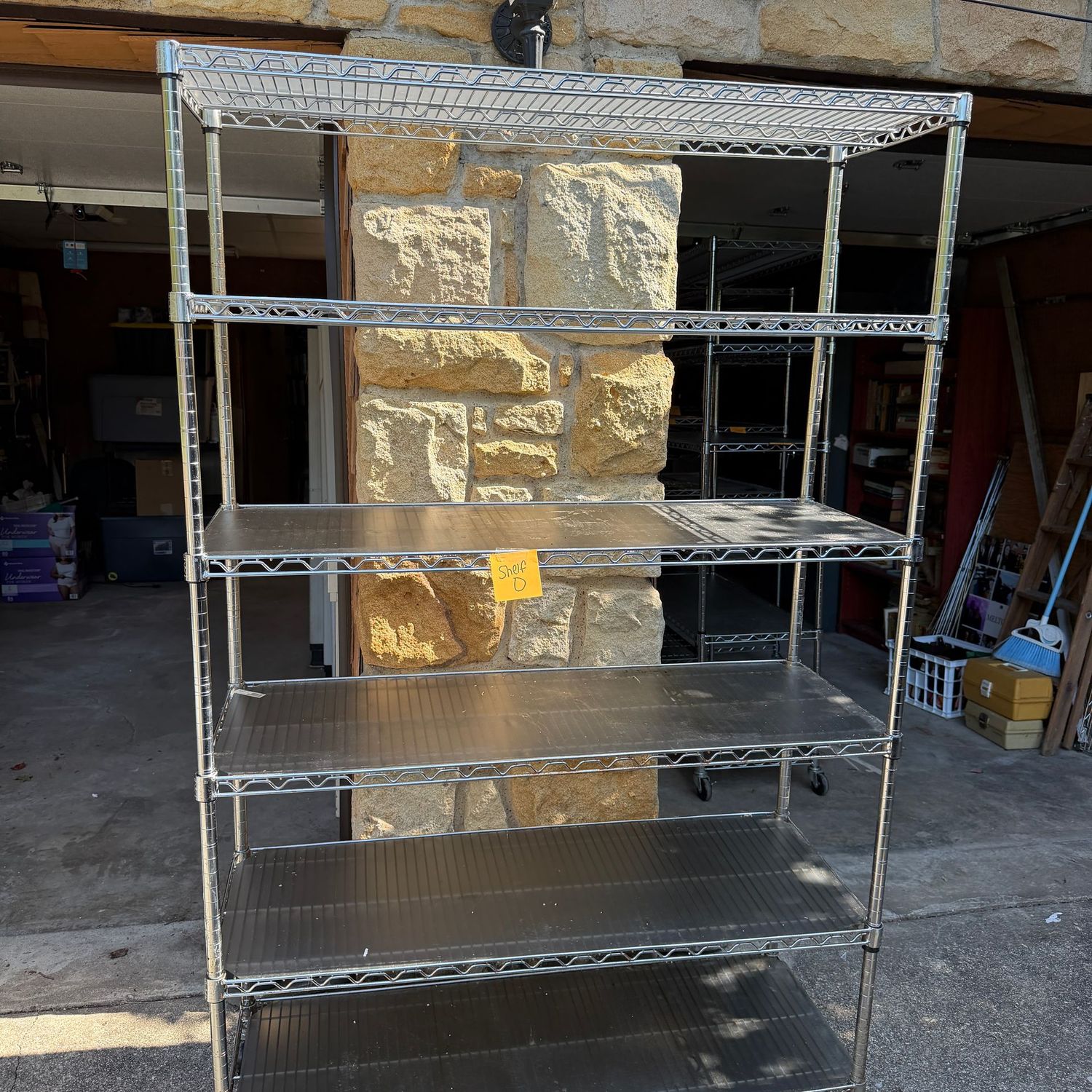 Shelf (O) chrome, minor wear with some oxidation, shelf liners, on casters, 6 shelves, 6'3 Shelf (O) chrome, minor wear with some oxidation, shelf liners, on casters, 6 shelves, 6'3" x 18" x 36"