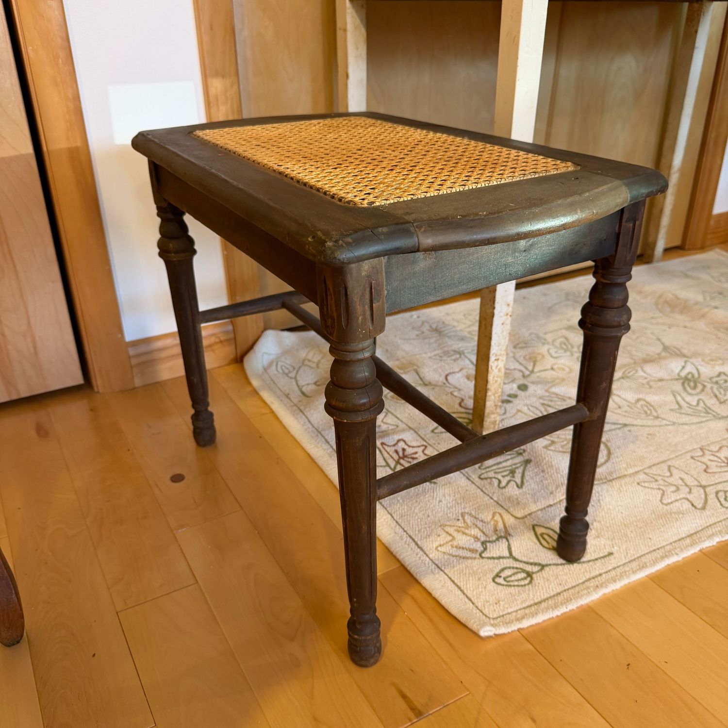 Wooden vanity bench seat with cane, 17 Wooden vanity bench seat with cane, 17"H x 12"W x 23"L