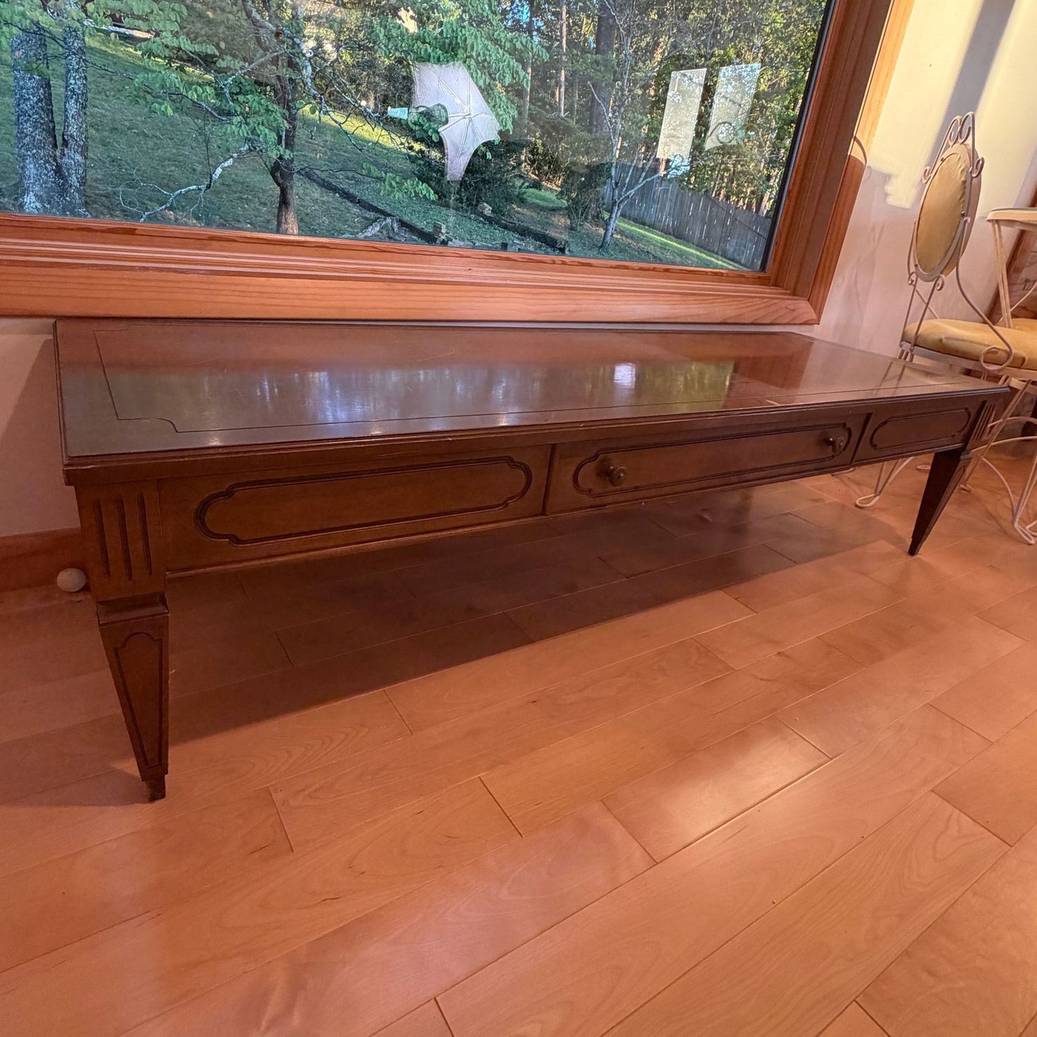 Mersman long coffee cocktail table with drawer, is missing two brass leg caps, a few scratches and sunfading 15 Mersman long coffee cocktail table with drawer, is missing two brass leg caps, a few scratches and sunfading 15"H x 22"D x 60"L
