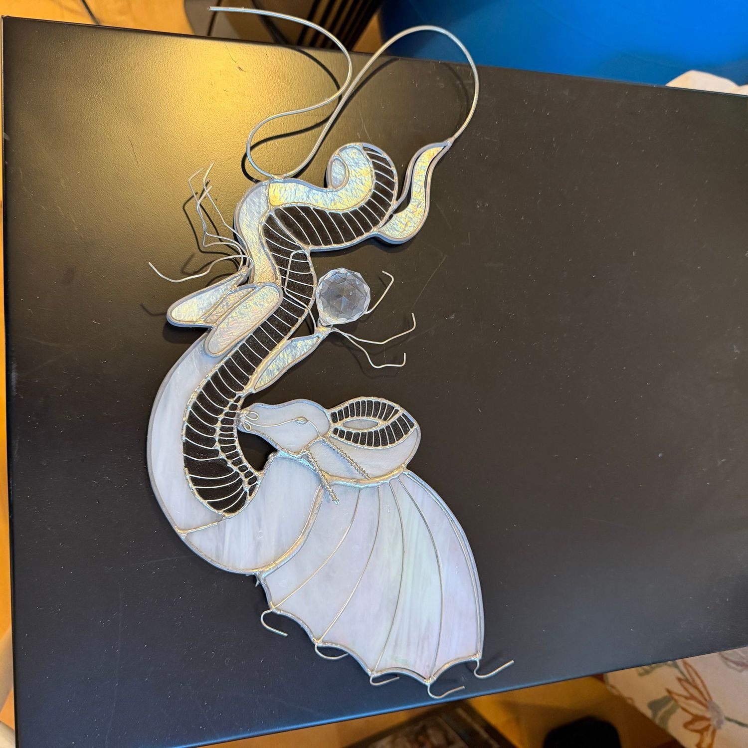 Stained glass dragon with prism, 14"L