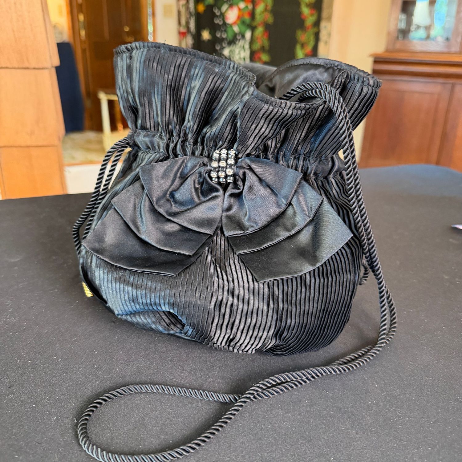 Black gathered satin Le-Ann evening bag purse, 7 Black gathered satin Le-Ann evening bag purse, 7"H, B0232