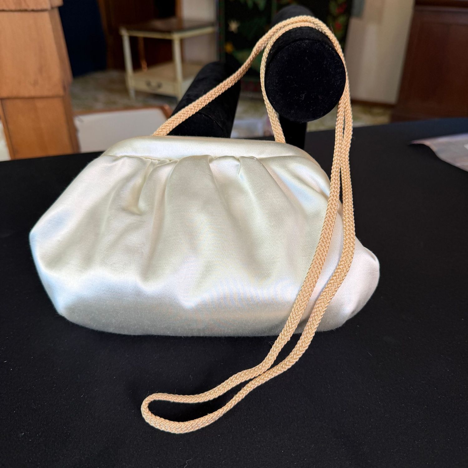 Ivory satin evening bag purse, hinged opening, 8 Ivory satin evening bag purse, hinged opening, 8"W B0231