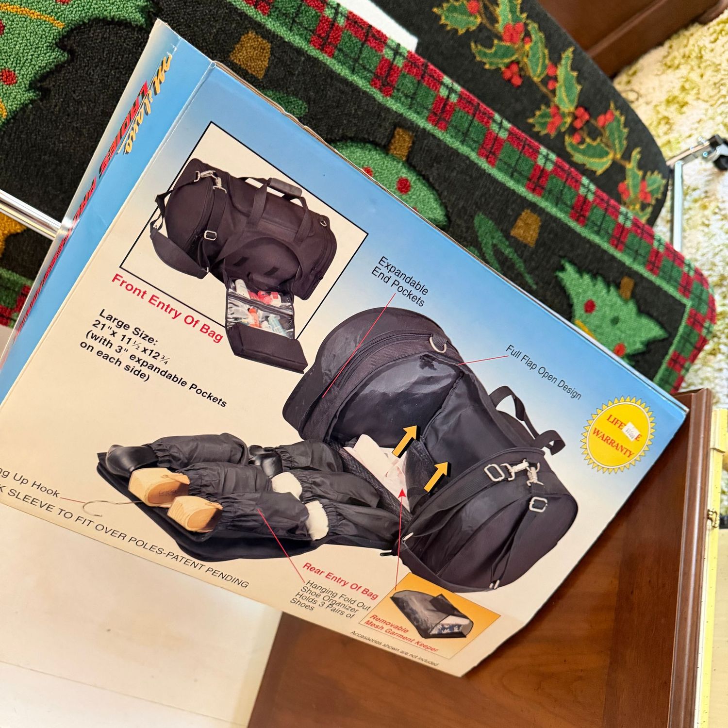 Travel duffel bag in box, 21 Travel duffel bag in box, 21" x 11.5" x 12.34"